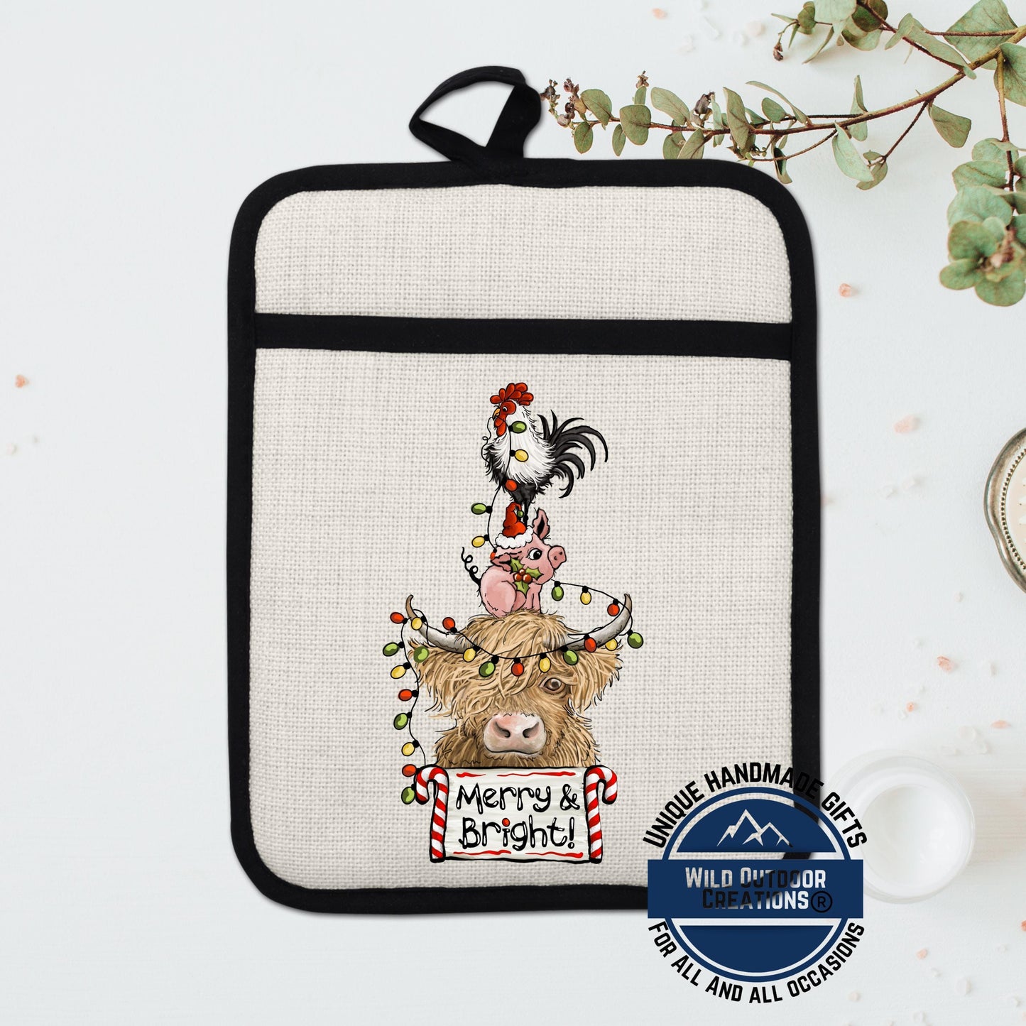 Highland Cow Pot Holder Linen Hot Pad Pig Rooster Merry Bright Kitchen Gift