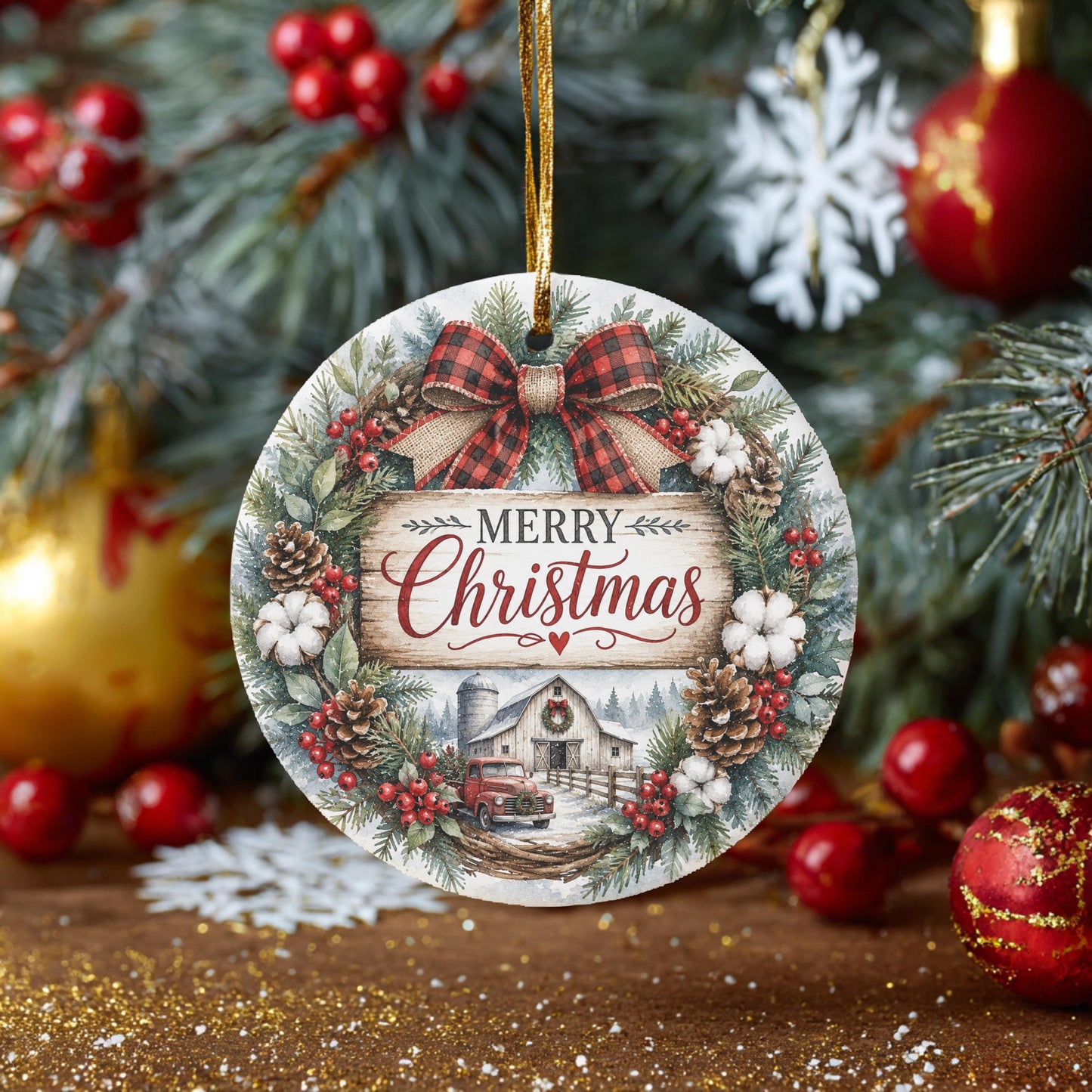 Ceramic Christmas Ornament, Farmhouse Wreath Scene, 3 Inch, Ribbon