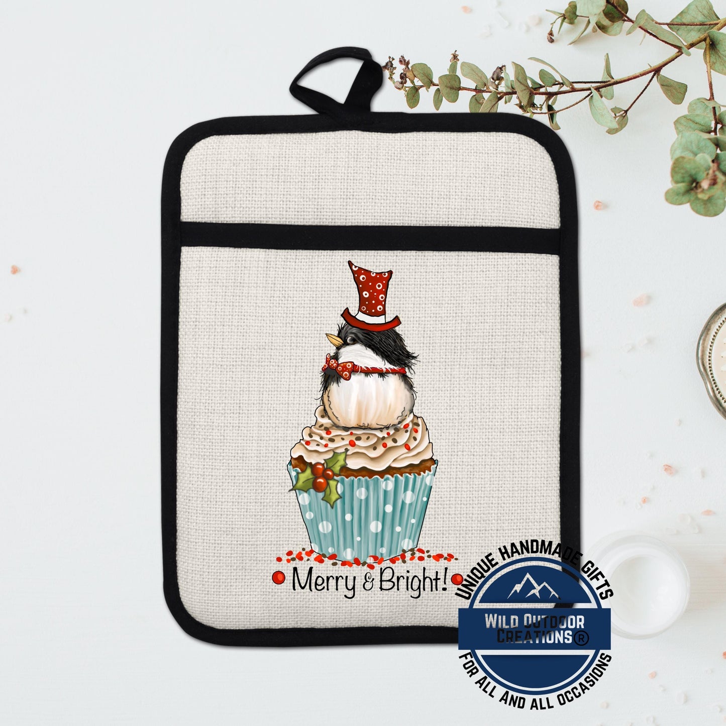 Chickadee Cupcake Pot Holder Linen Hot Pad Merry Bright Christmas Kitchen Gift