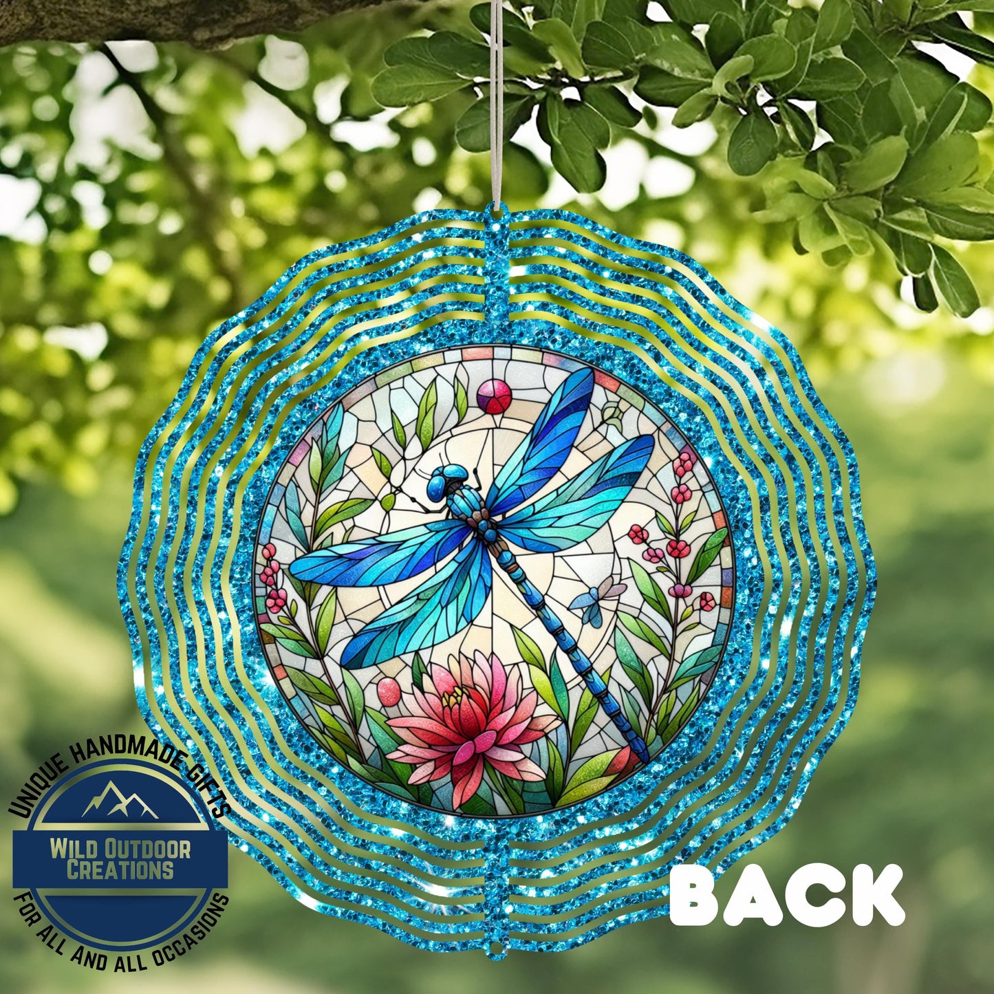 Dragonfly Wind Spinner - Vibrant Faux Glitter Stained Glass Garden Decor - close-up detail of design