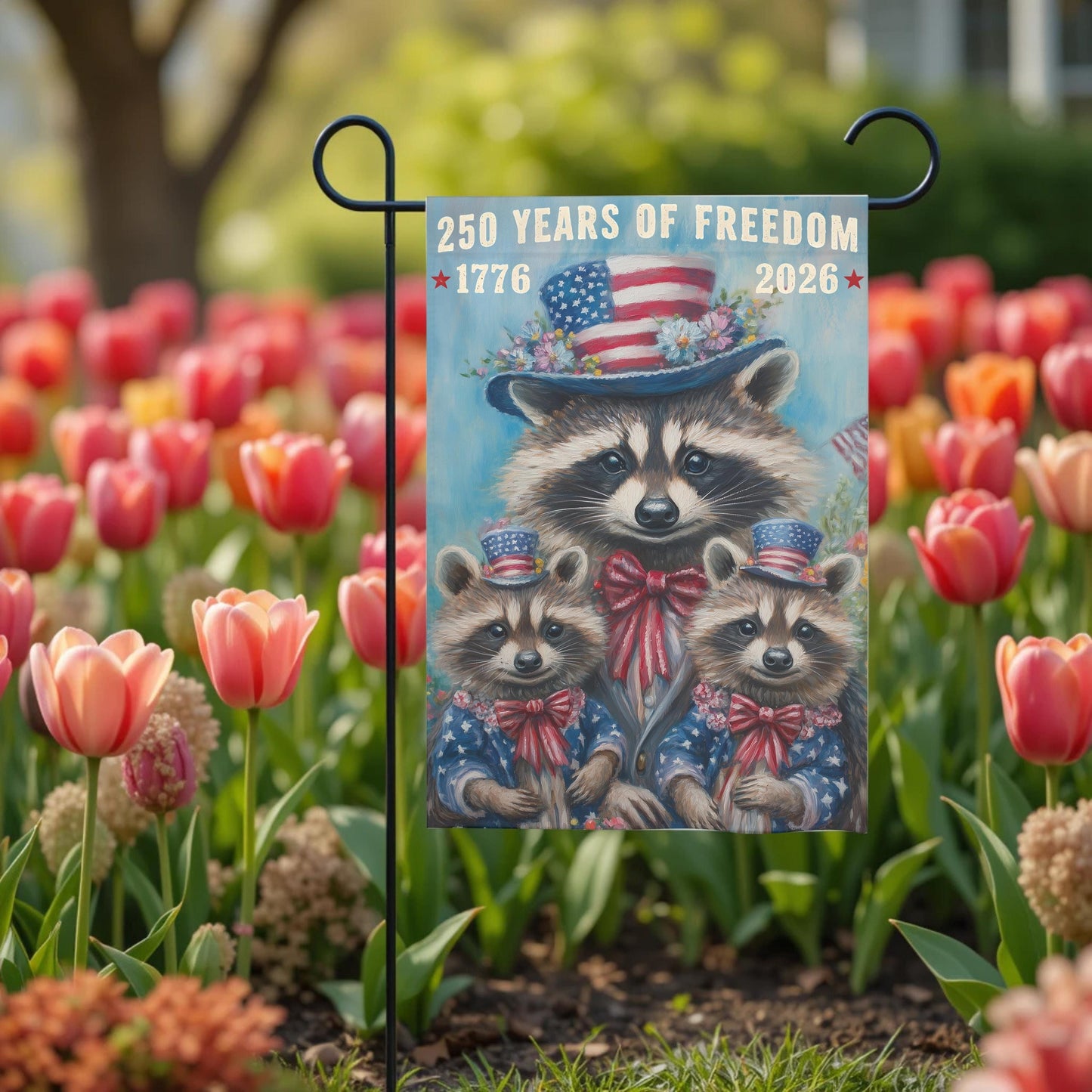 Patriotic Garden Flag - 250 Years Of Freedom Raccoon 12x18 Double Sided Sublimation