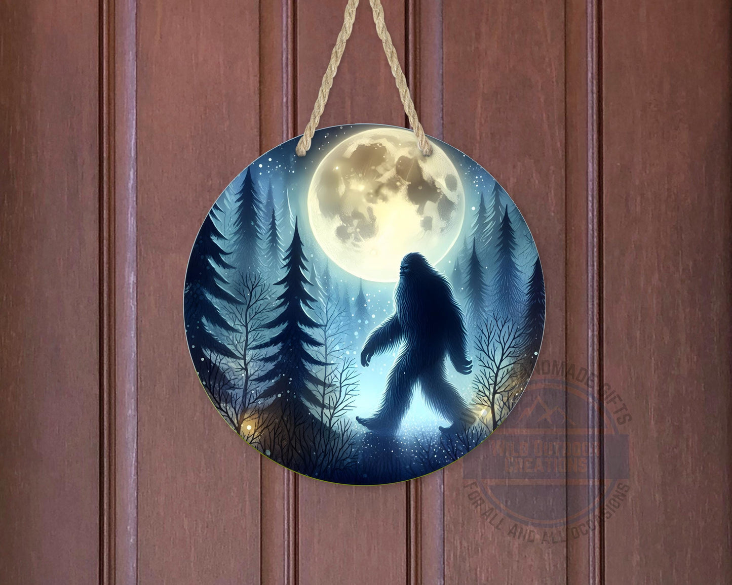 Bigfoot Door Hanger - Aluminum Round Porch Sign With Moonlit Forest Decor - detail view