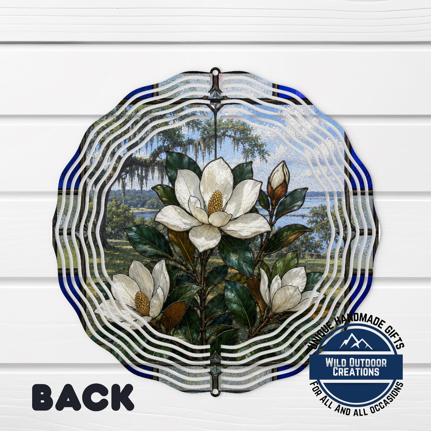 Magnolia Wind Spinner Louisiana State Flower Stained Glass Style Garden Aluminum Outdoor Decor