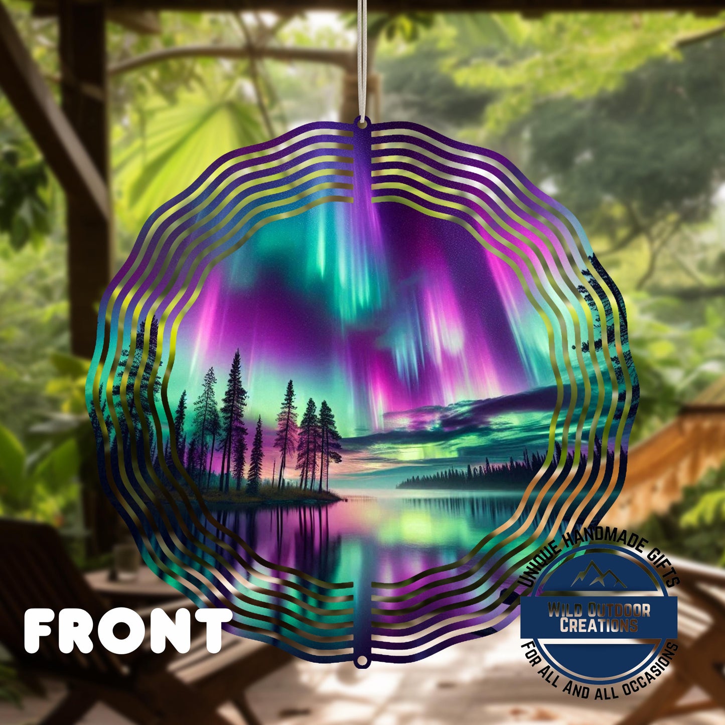 Northern Lights Wind Spinner - 10 Inch Double Sided Lake Scene Garden Decor - back side design view