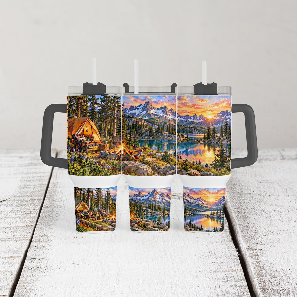 Mountain Camping Tumbler, 40 Oz Handle, Campfire Lake Sunset Gift