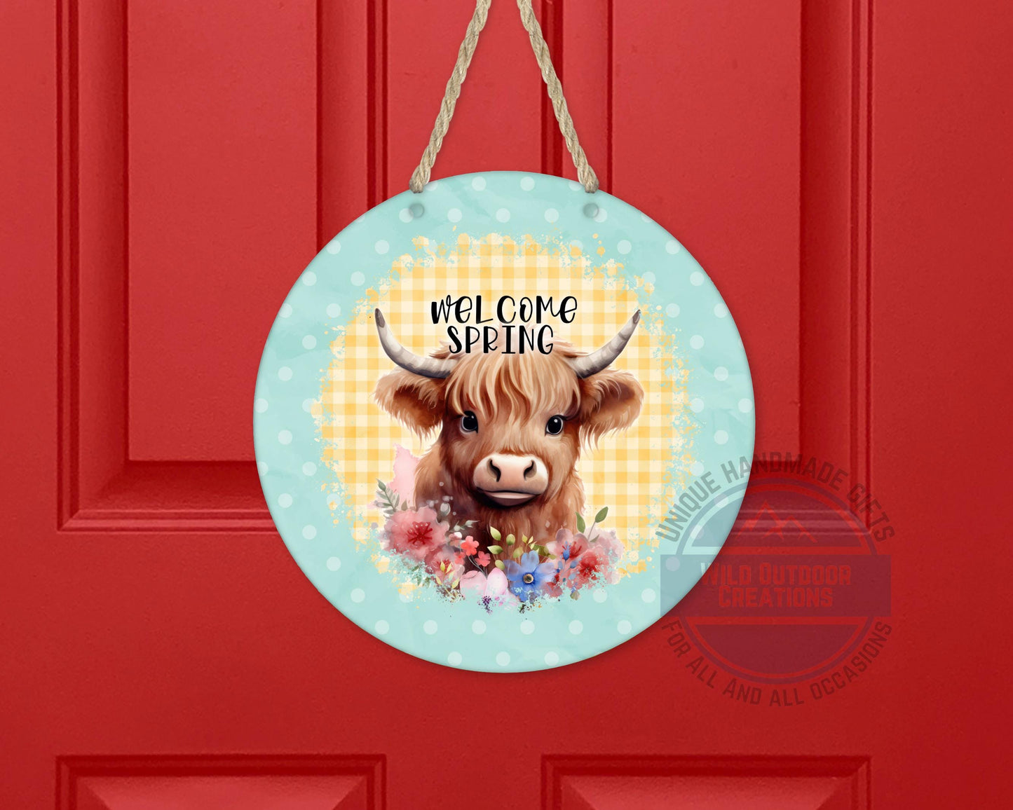 Welcome Spring Sign - Highland Cow Decor | Round Aluminum Front Porch Sign - alternate view