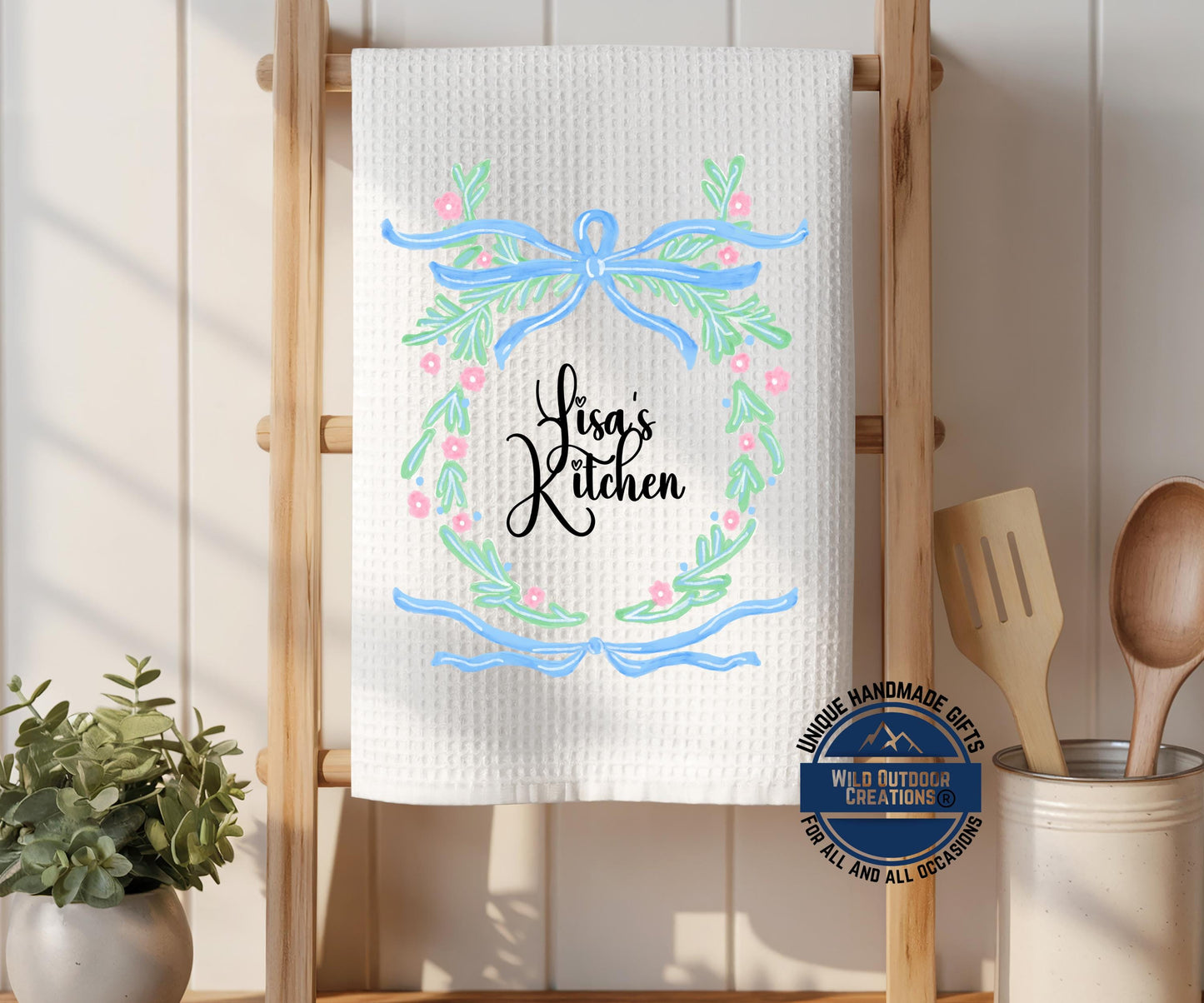 Personalized Kitchen Towel – Custom Name Floral Wreath Waffle Weave Gift