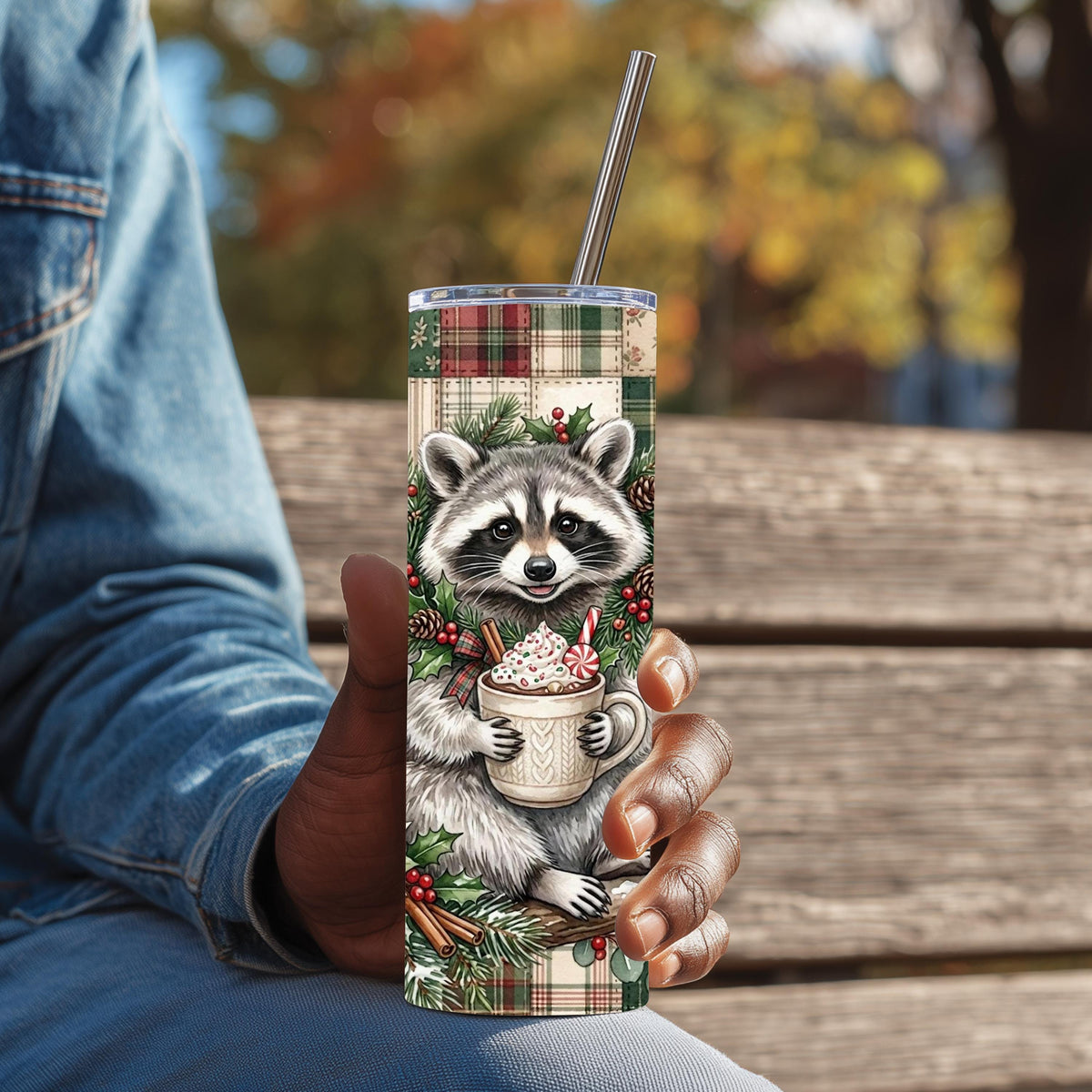 Raccoon Tumbler, 20 Oz Skinny, Plaid Patchwork Hot Cocoa Holiday