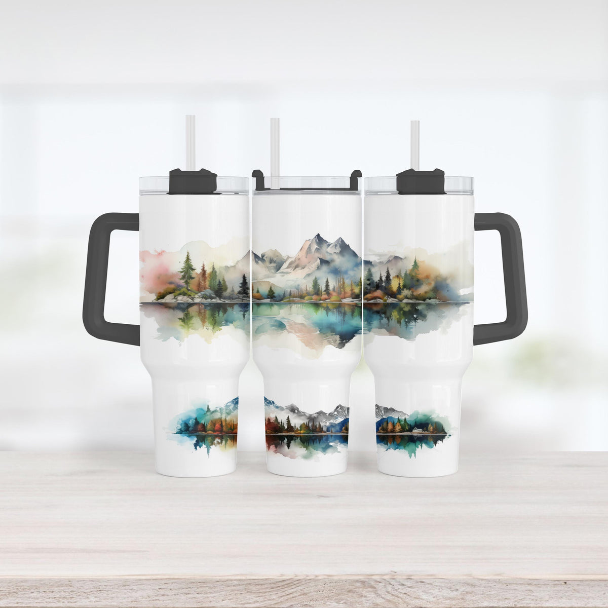 Mountain Lake Tumbler, 40 Oz Watercolor Handle, Forest Landscape