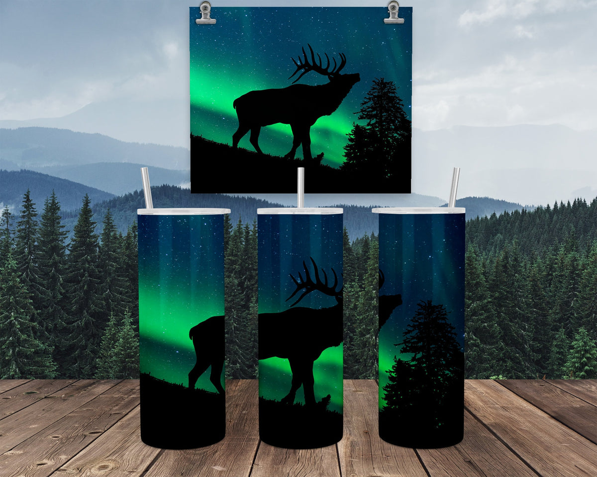 Stainless Steel Tumbler, Elk Aurora Borealis 20Oz, Clear Lid