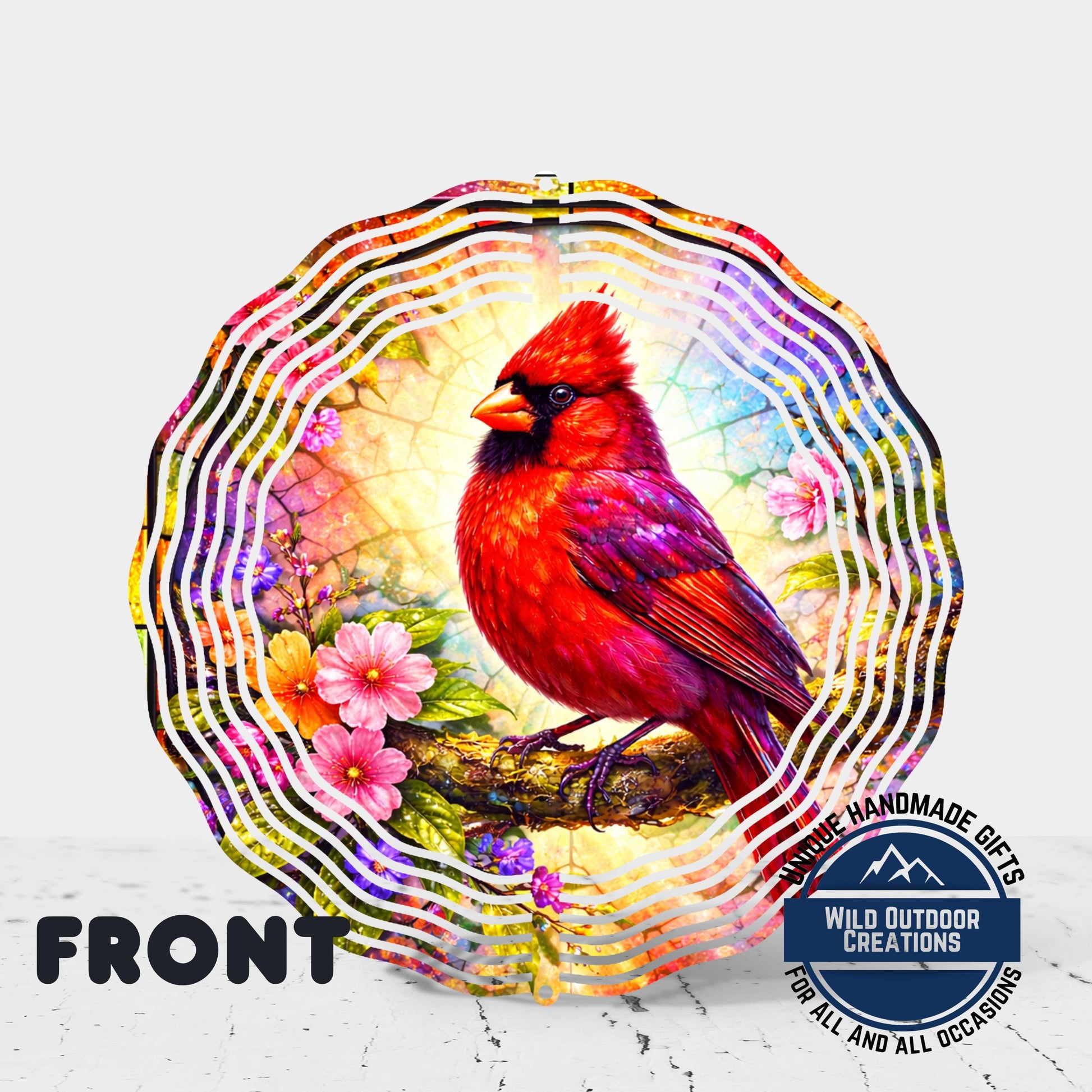 Cardinal Wind Spinner - 10 Inch Aluminum Outdoor Garden Decor With Pink Yellow Flowers - back side design view
