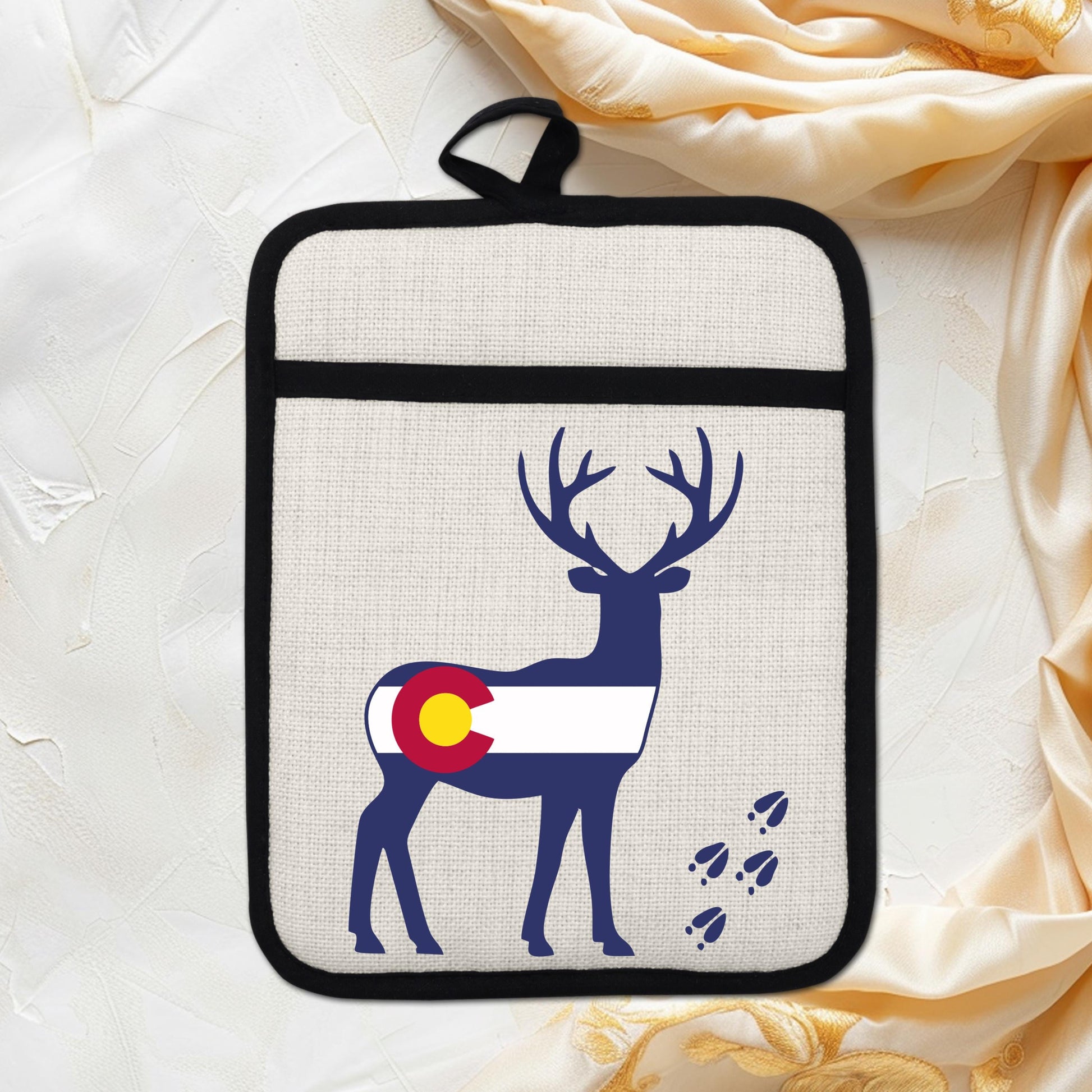 Colorado Deer Pot Holder - Linen Fabric, Silicone Back Trivet with Pocket Grip - additional angle