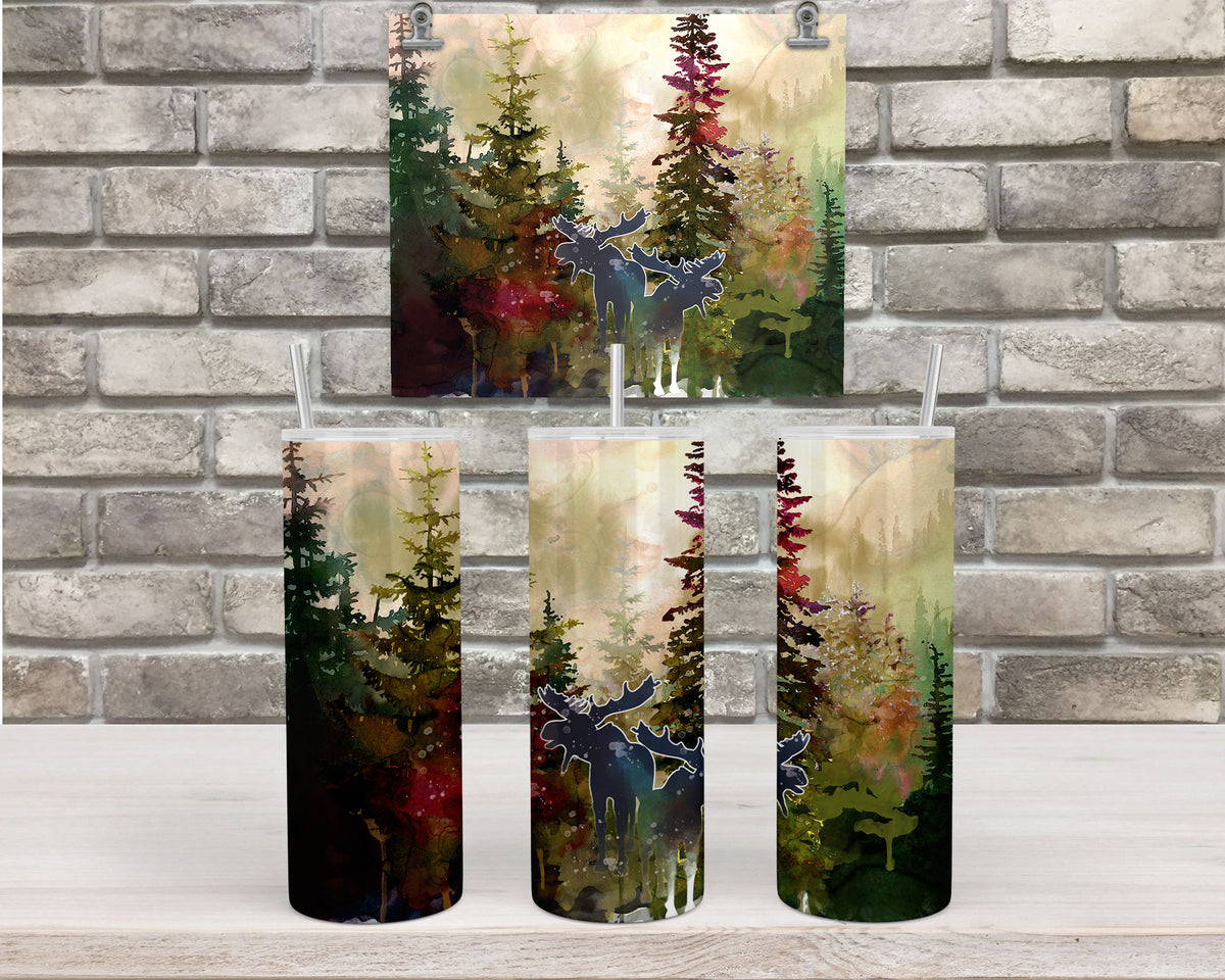 Moose Tumbler| Watercolor Forest Scene, 20Oz Stainless Steel Mug