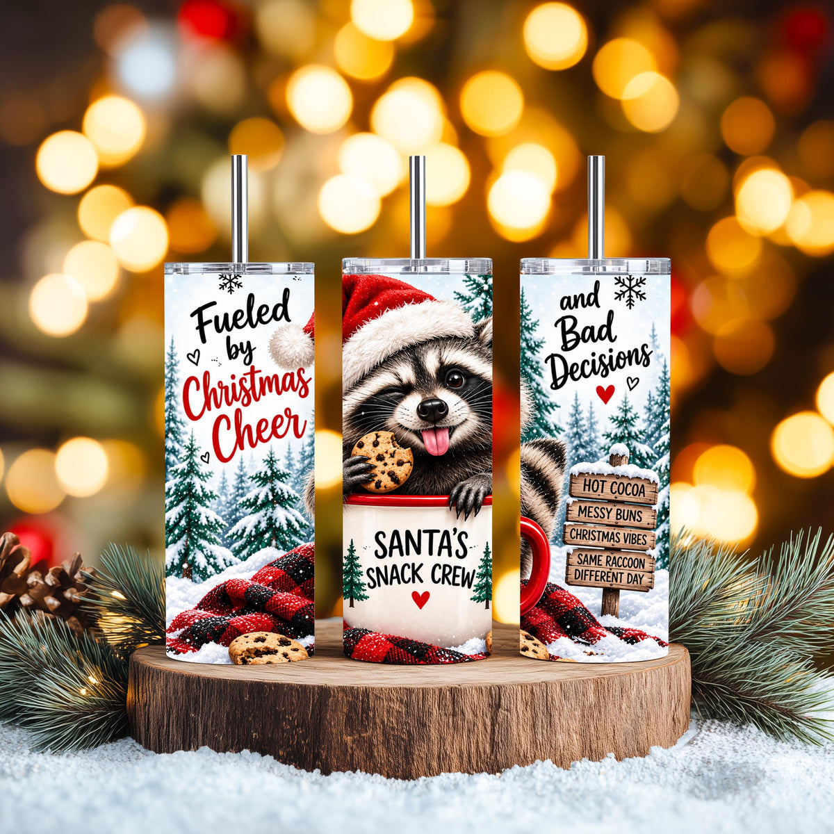 Raccoon Tumbler, 20 Oz Skinny, Buffalo Plaid Santa Hat Gift Cup