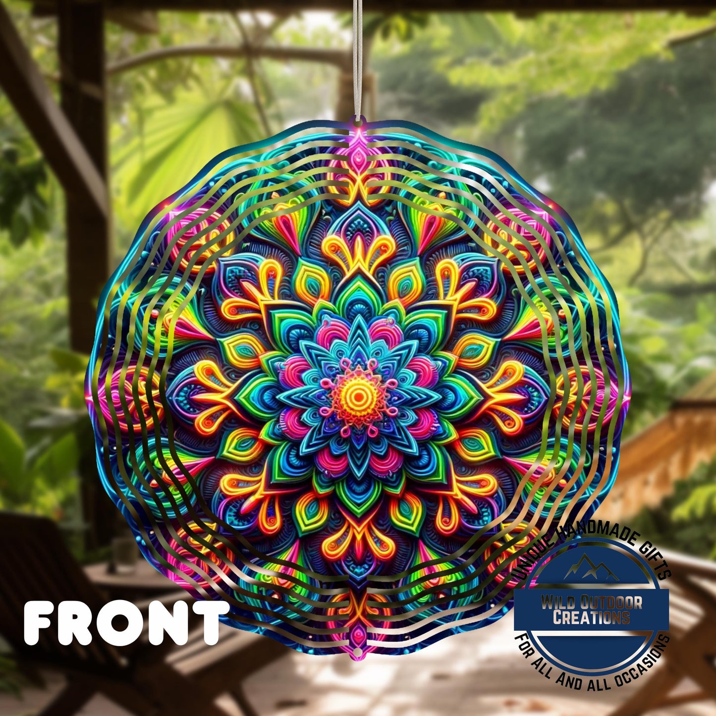Neon Mandala Wind Spinner - 10 Inch Aluminum Outdoor Wind Spinner with Vibrant Neon Colors - back side design view