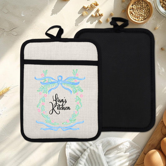 Personalized Pot Holder – Custom Name Floral Kitchen Gift With Linen Pocket