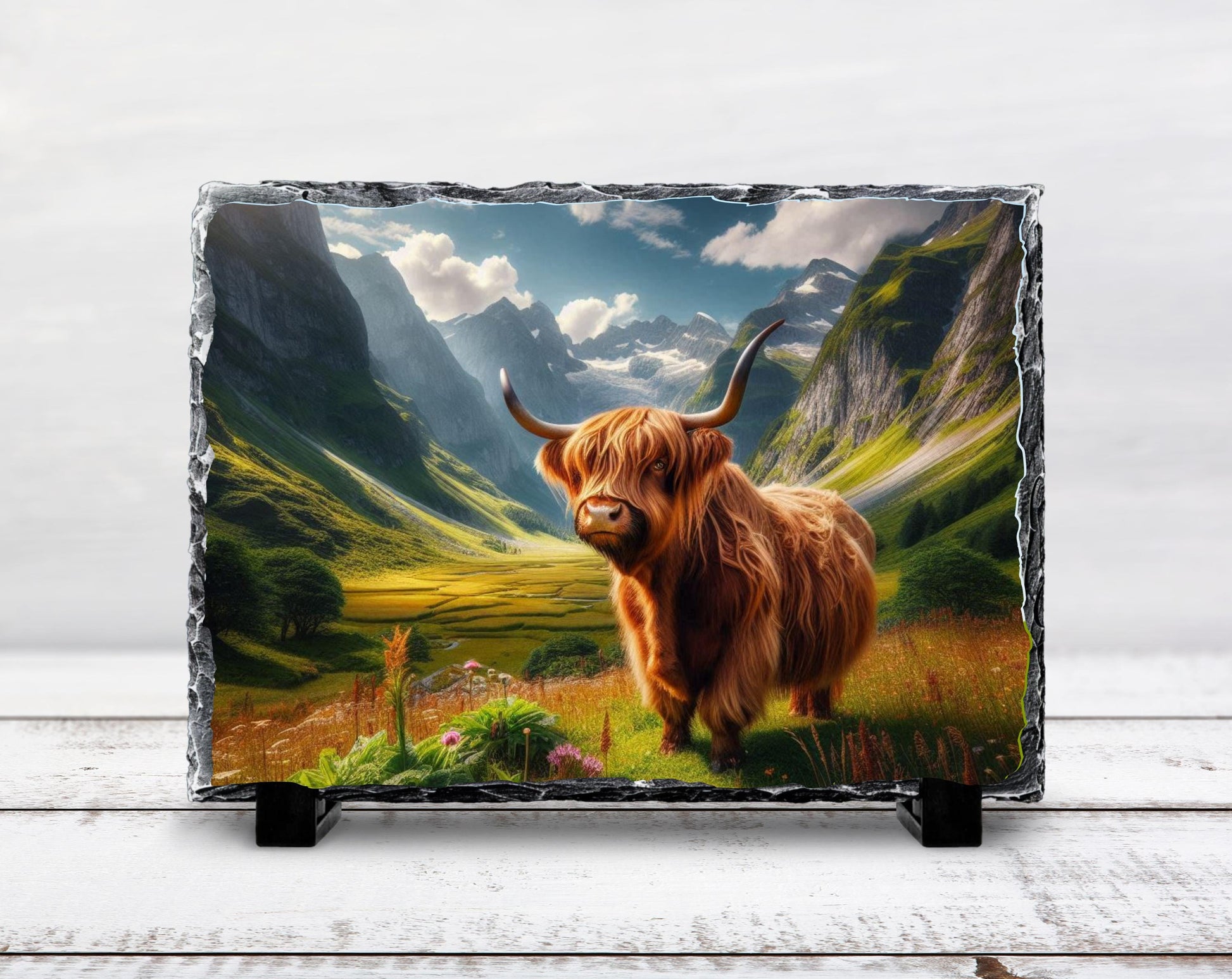 Highland Cow Slate Plaque – Durable Natural Stone Decor with Mountain View - scale and size reference