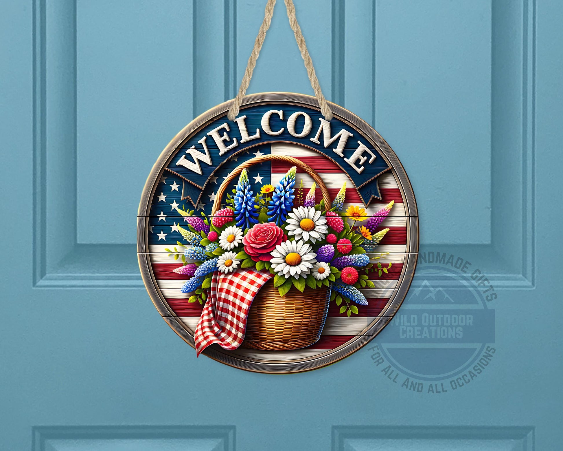 Patriotic Door Hanger - Aluminum Outdoor Sign With American Flag & Floral Basket - product dimensions and specifications