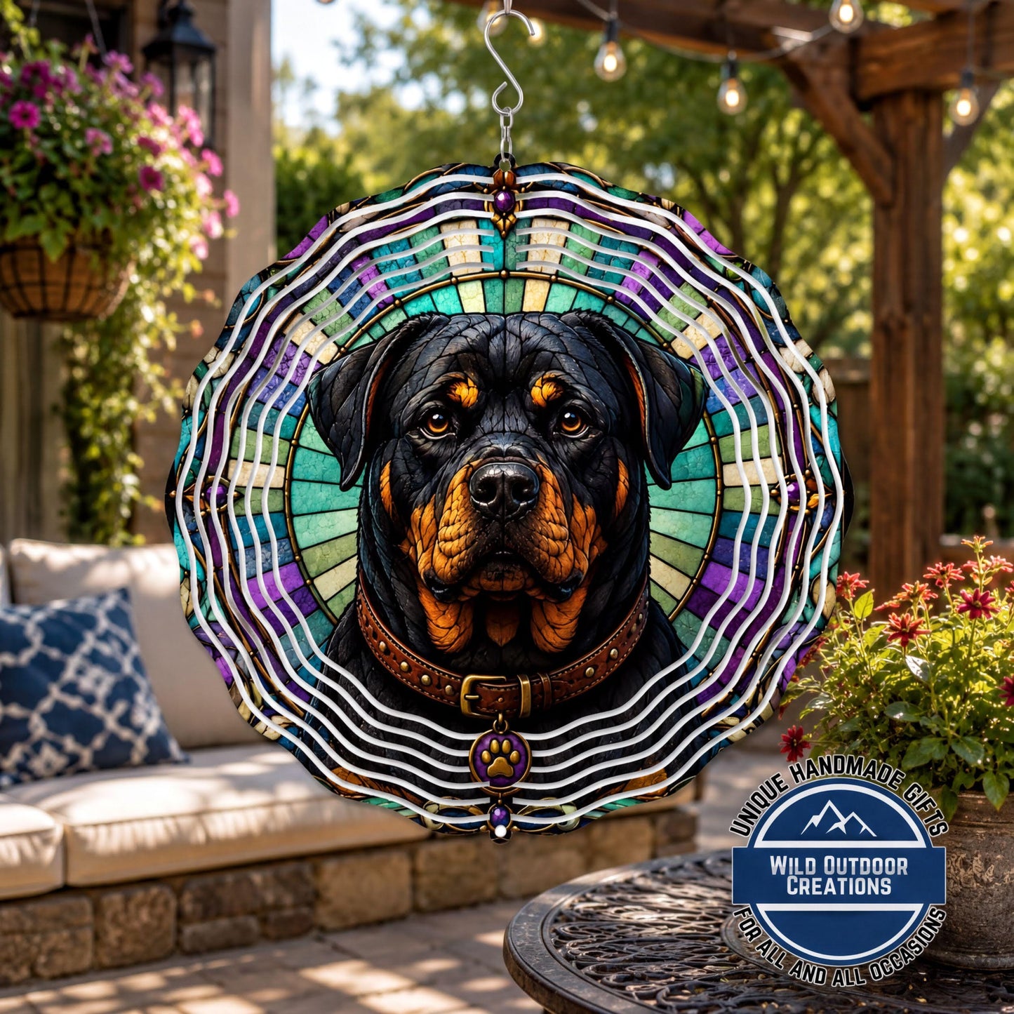 Faux Stained Glass Rottweiler Wind Spinner Dog Lover Gift Garden Outdoor Decor