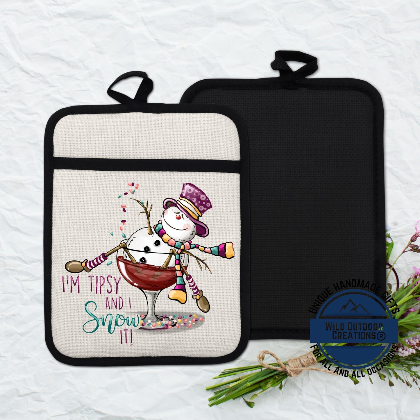 Snowman Wine Pot Holder Linen Hot Pad Tipsy Funny Christmas Kitchen Gift Decor