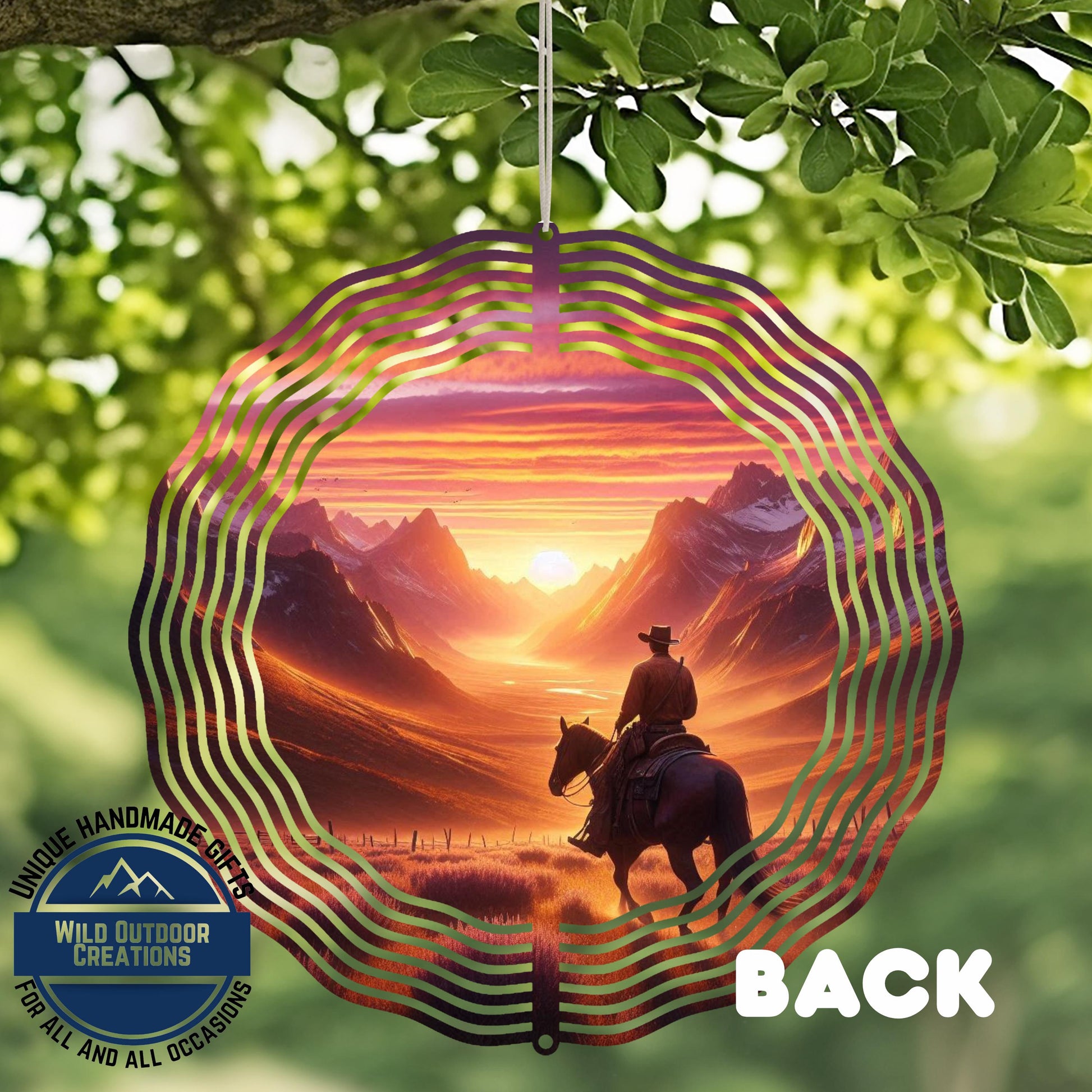 Cowboy Wind Spinner – Horse Sunset Scene | Outdoor Ranch Decor, 10 Inch - close-up detail of design