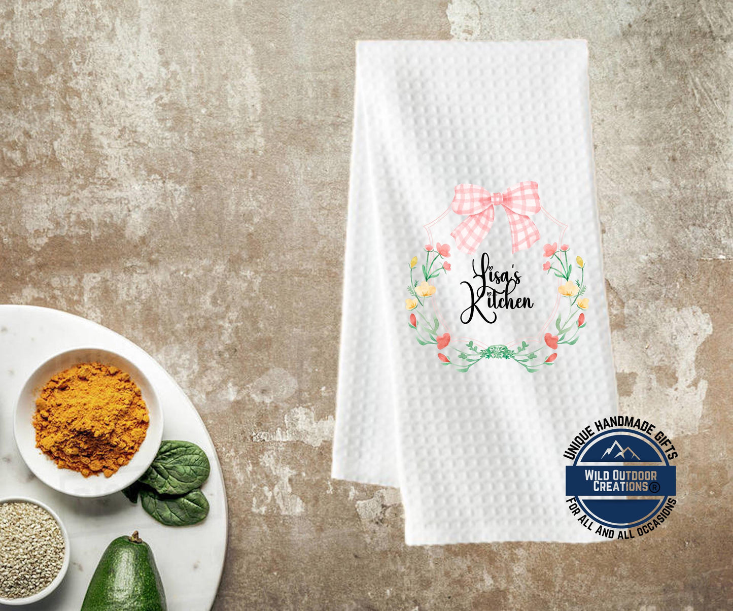 Personalized Kitchen Towel – Custom Floral Wreath Pink Gingham Bow Gift - additional product photo 11