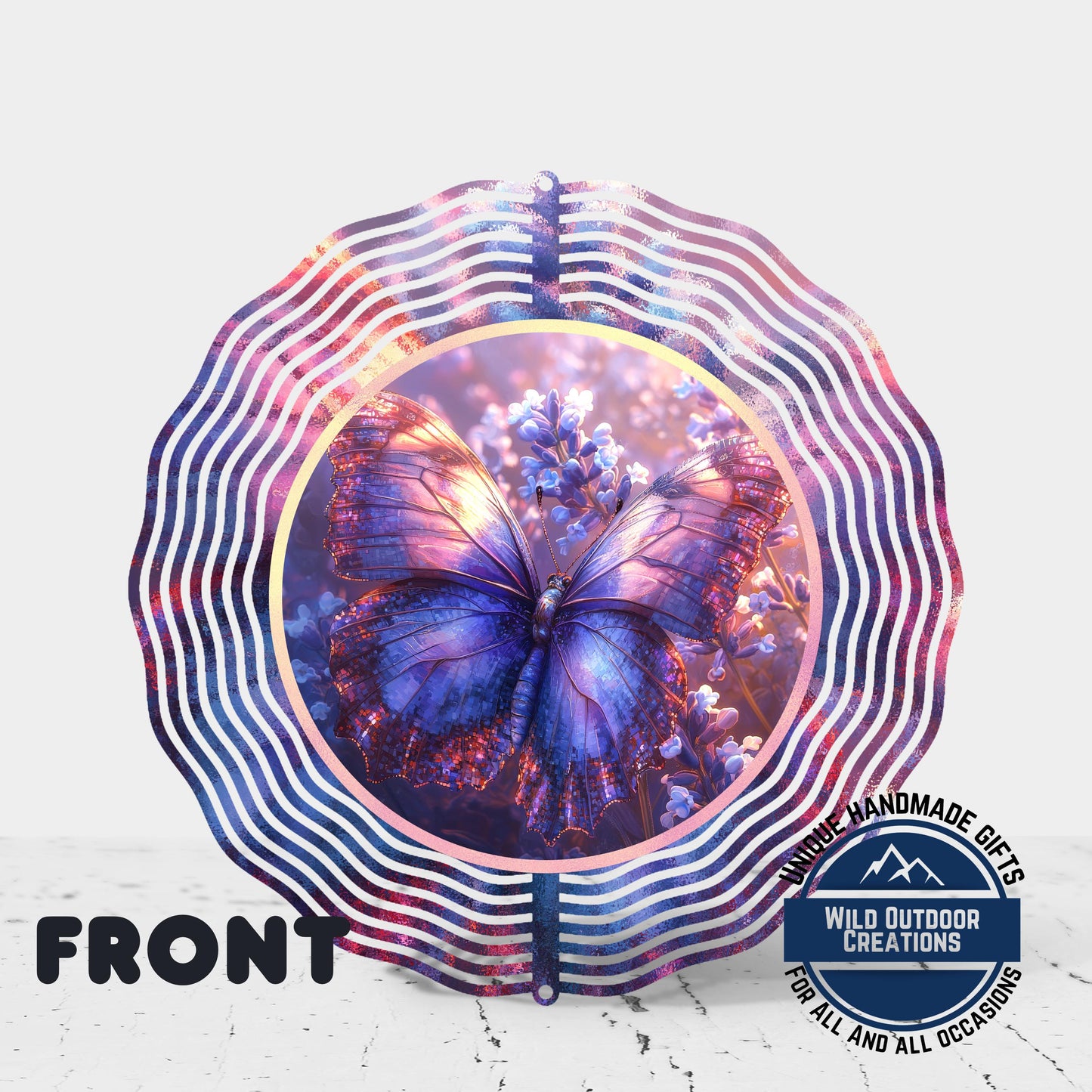 Butterfly Wind Spinner - Purple Blue Aluminum Garden Art | 360° Swivel Outdoor Décor - back side design view