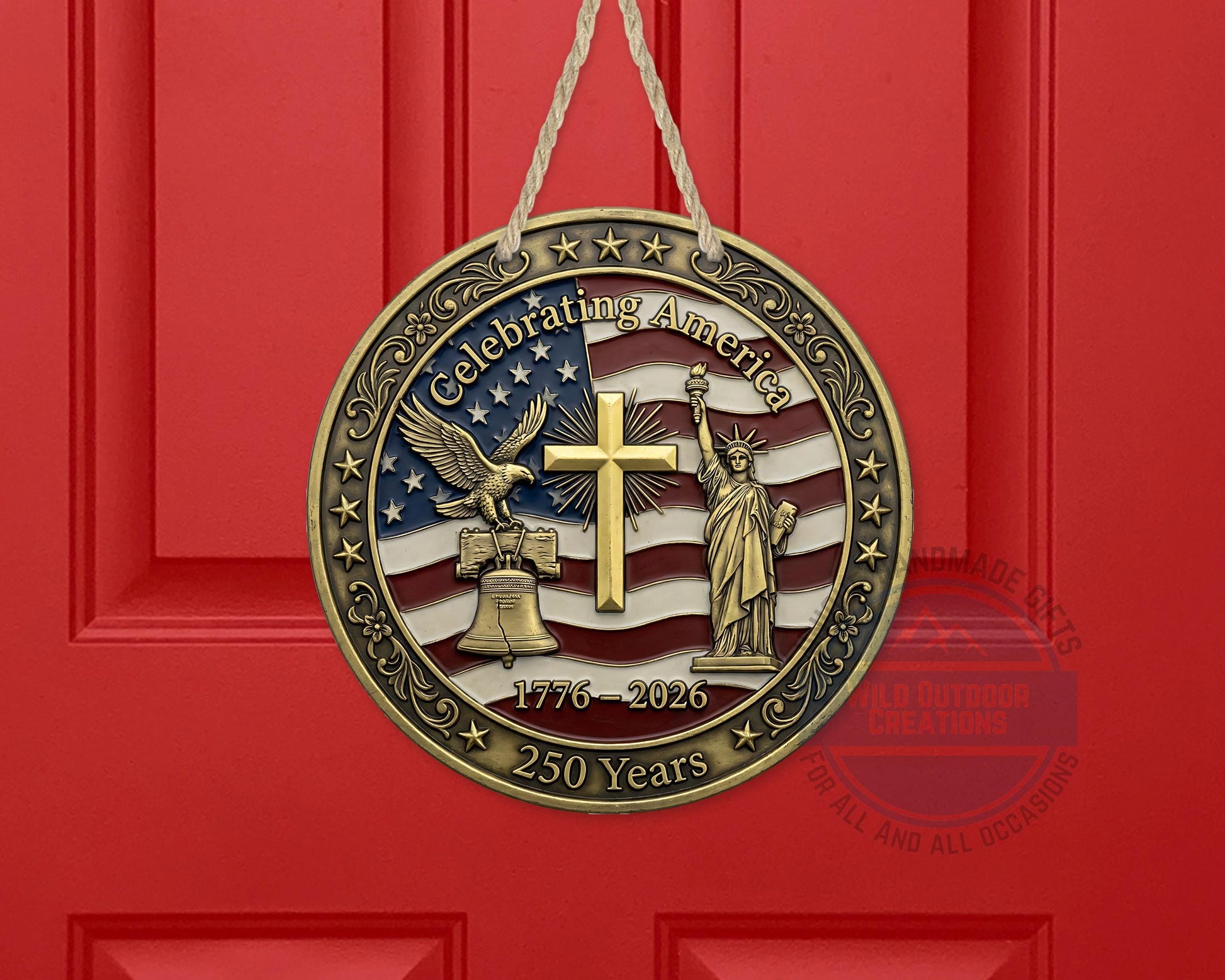 Patriotic Door Decor - America 250 Years Aluminum Door Sign 10" USA Hanger - additional angle