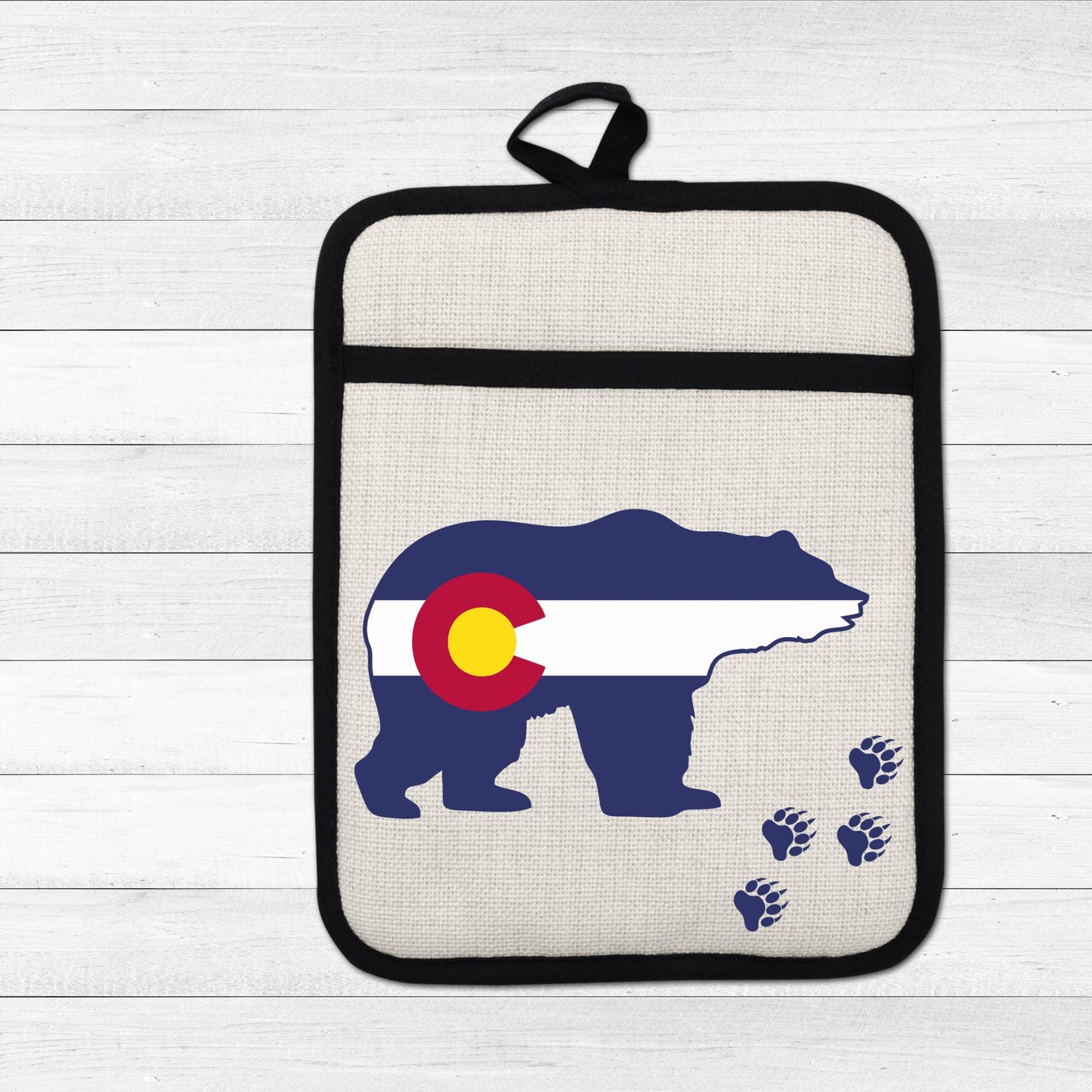 Pot Holder Oven Mitt - Colorado Bear Design | Silicone Pot Holder, Linen Fabric - gift presentation view