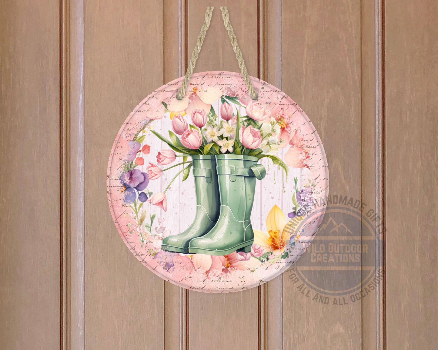 Spring Garden Boots - Pink Tulip Floral Door Hanger | Rustic Farmhouse Charm - packaging and presentation