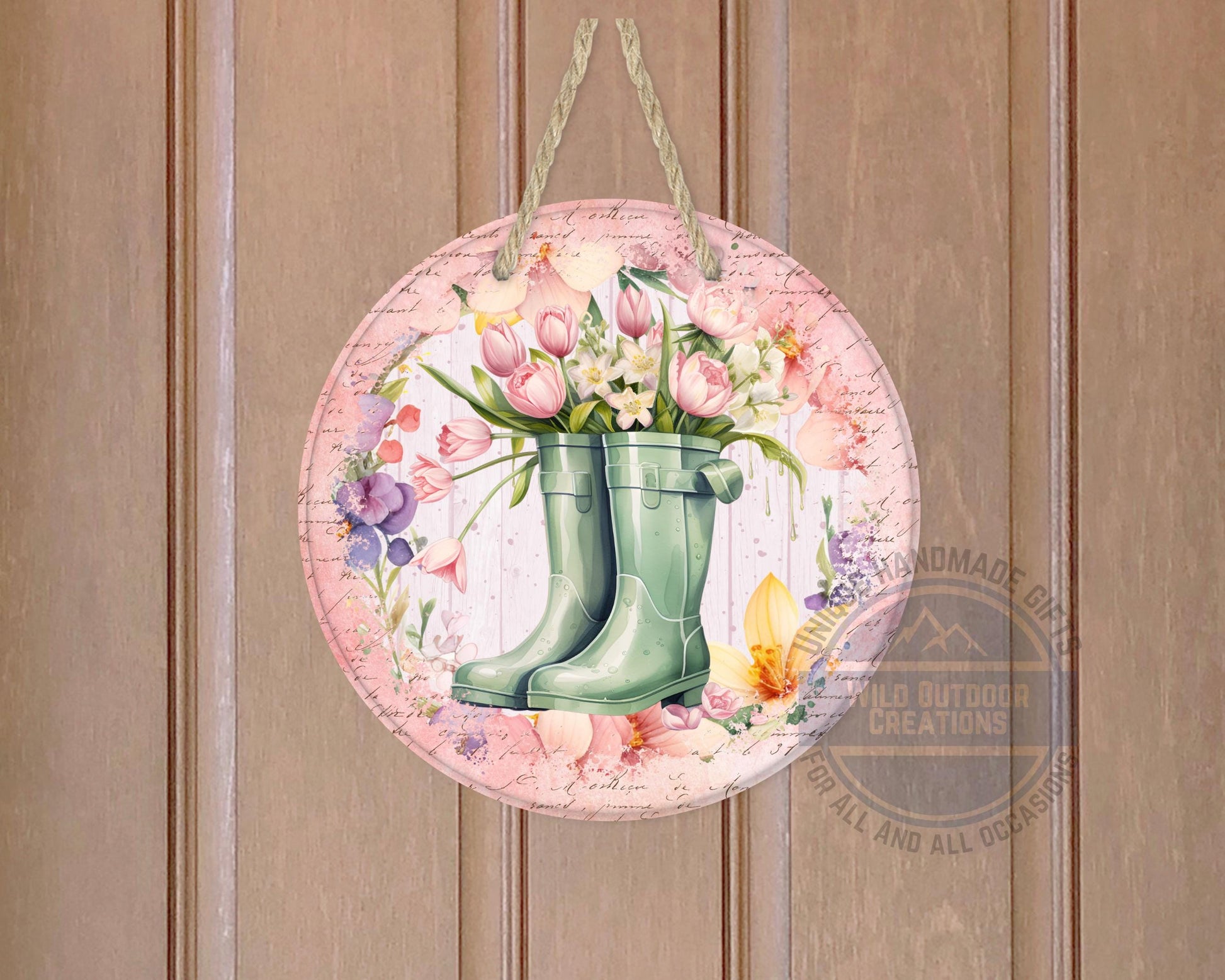 Spring Garden Boots - Pink Tulip Floral Door Hanger | Rustic Farmhouse Charm - packaging and presentation