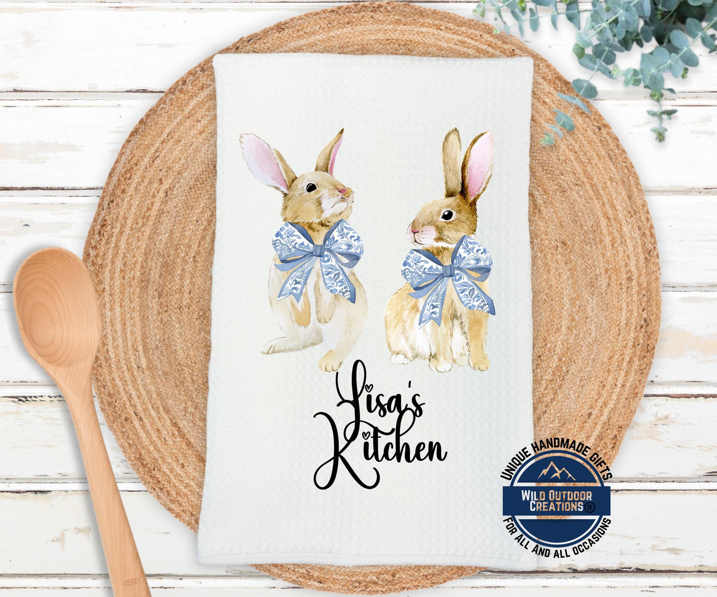 Personalized Easter Towel - Custom Kitchen Towel with Bunny Coquette Bow Design - lifestyle view