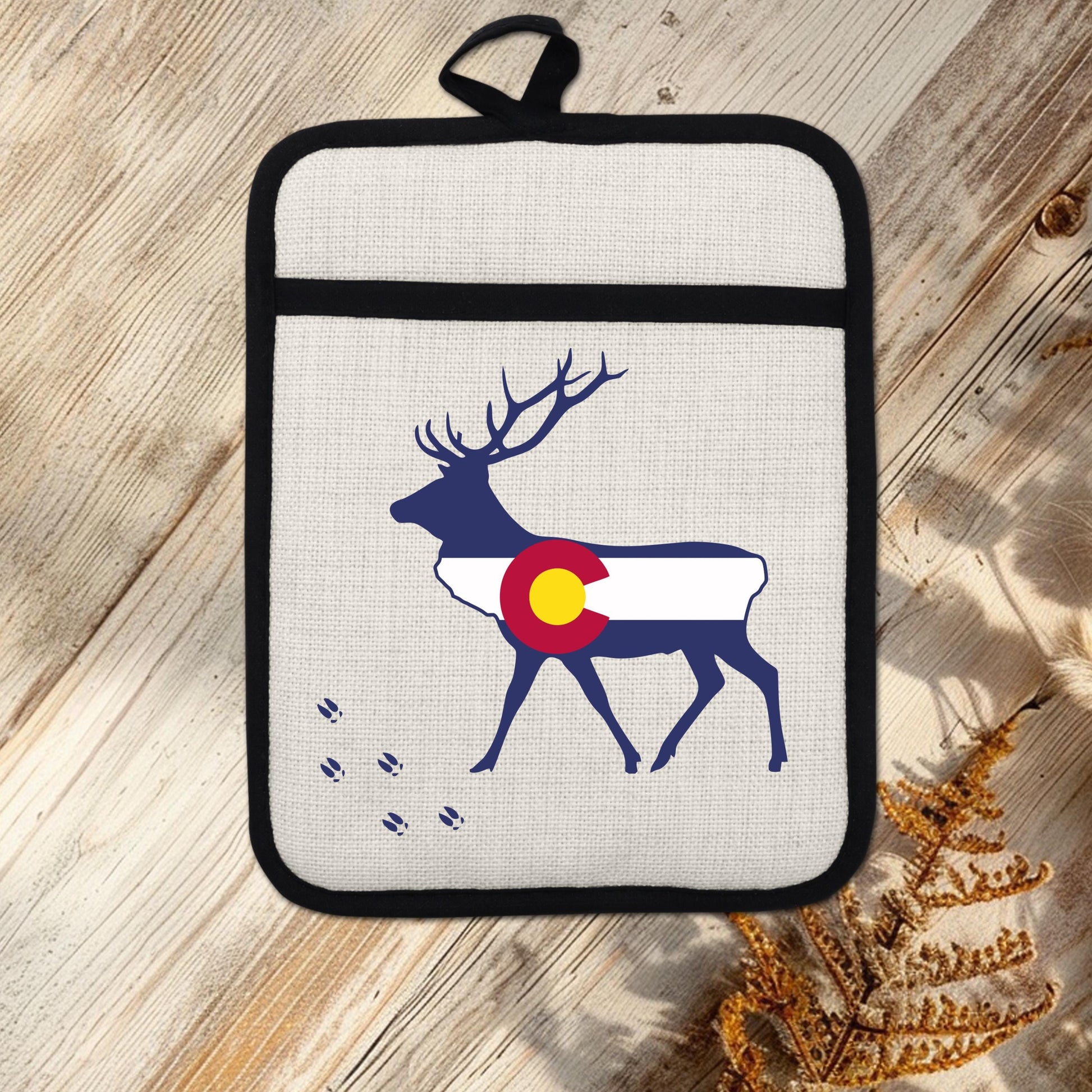 Elk Pot Holder - Colorado Linen With Silicone Back, Heat Resistant Trivet 9x7 Inches - additional angle