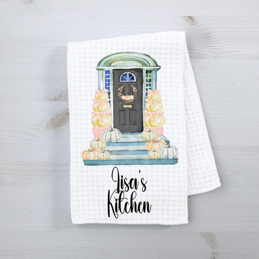 Personalized Fall Front Door Towel with Autumn Porch Scene - Perfect Thanksgiving Hostess Gift