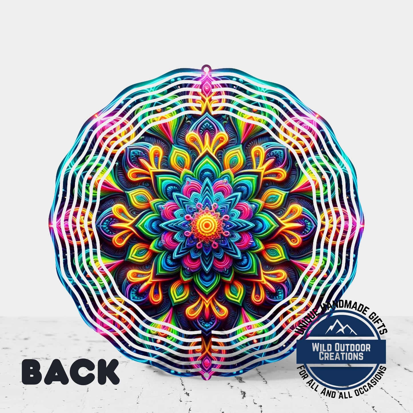 Neon Mandala Wind Spinner - 10 Inch Aluminum Outdoor Wind Spinner with Vibrant Neon Colors - additional product photo 10