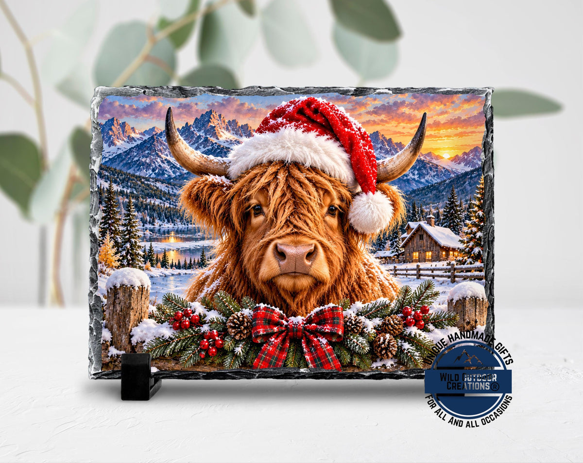 Highland Cow Christmas Slate Plaque, Rustic Farmhouse Holiday Decor, Cow Lover Gift