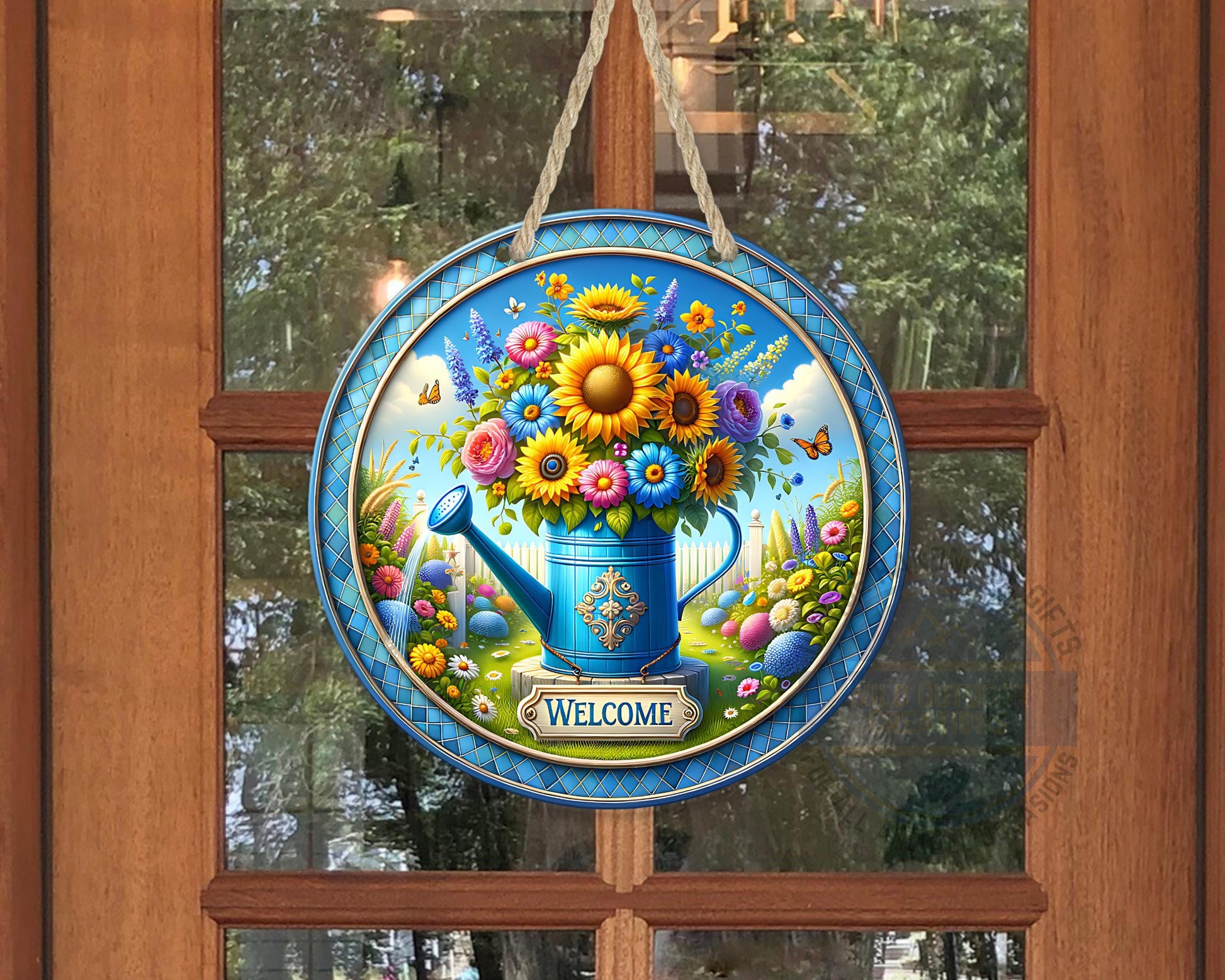Watering Can Welcome Sign – Round Aluminum Garden Door Hanger With Sunflower Decor