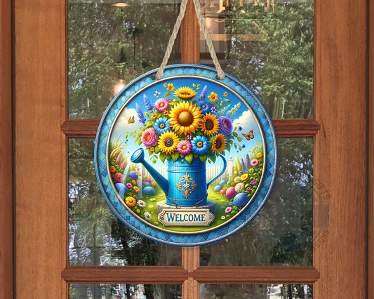 Watering Can Welcome Sign – Round Aluminum Garden Door Hanger With Sunflower Decor