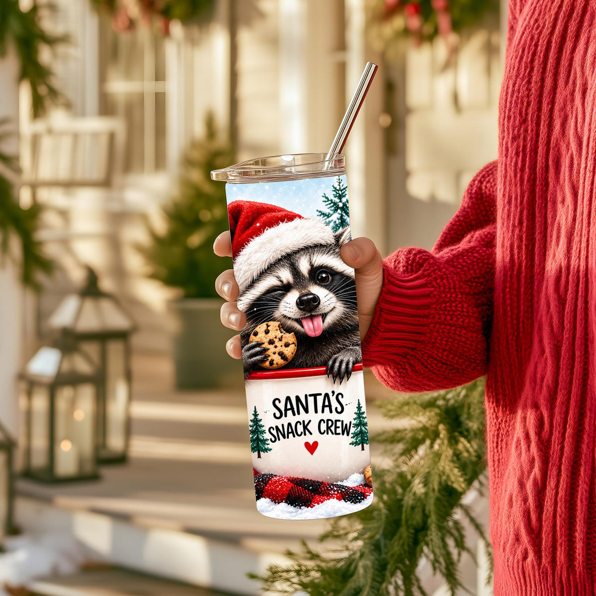 Raccoon Tumbler, 20 Oz Skinny, Buffalo Plaid Santa Hat Gift Cup