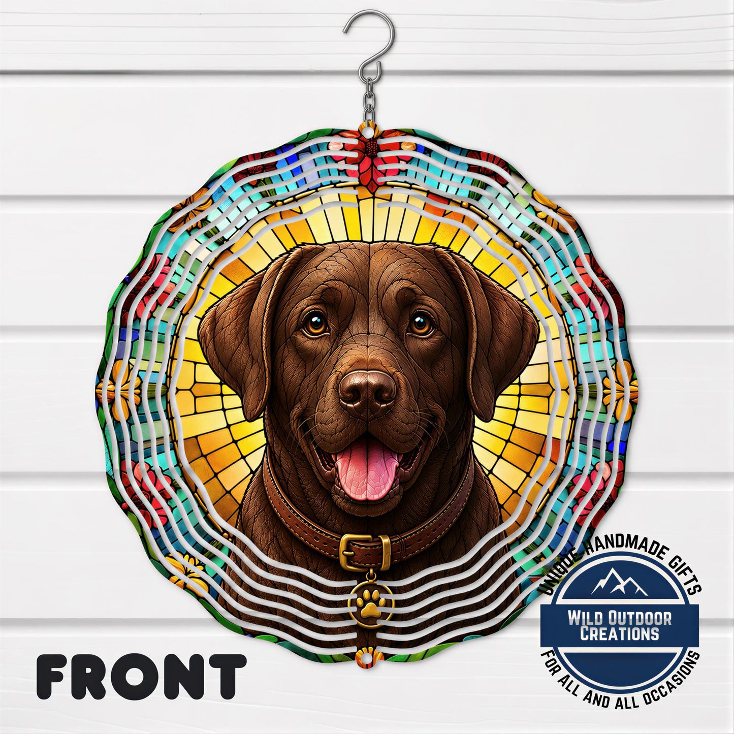 Chocolate Lab Wind Spinner - 10 Inch Faux Stained Glass Spiral Garden Decor