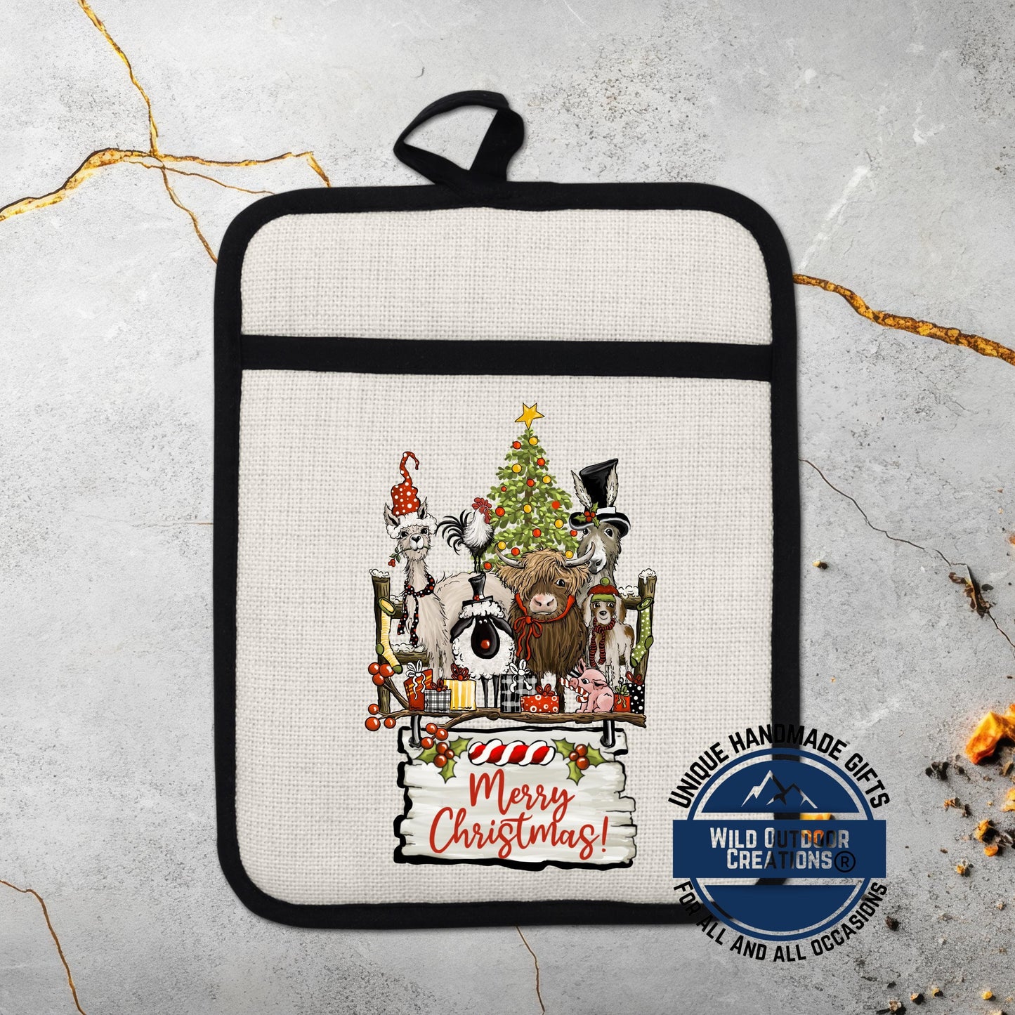 Farmhouse Pot Holder Linen Hot Pad Highland Cow Llama Christmas Kitchen Gift Decor