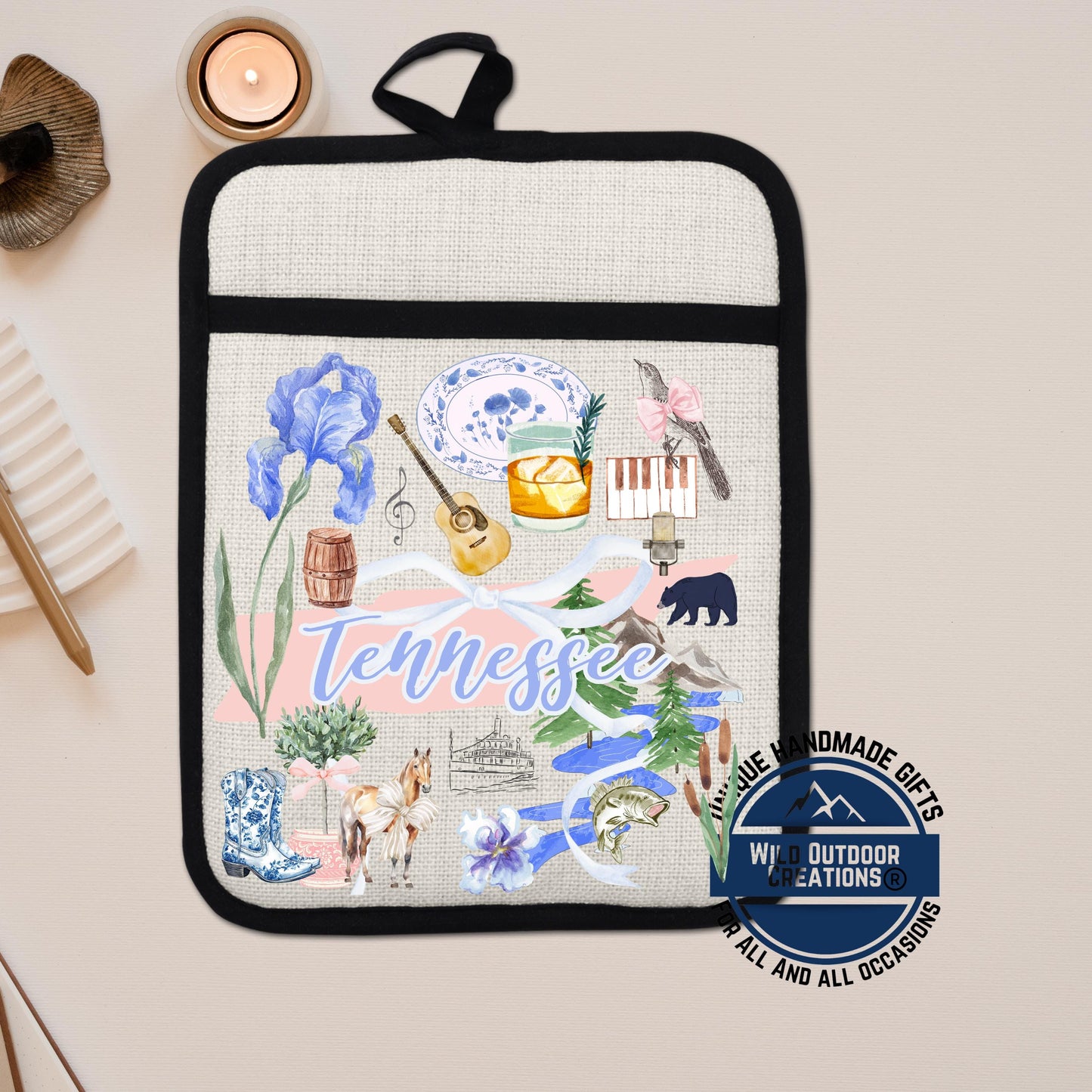 Tennessee Pot Holder | Handmade Kitchen Accessory With Non Slip Silicone & Pocket Potholder - detail view