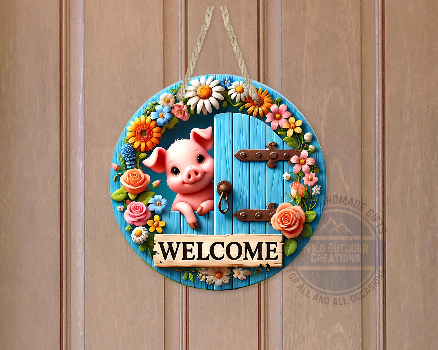 Pig Door Hanger – Farmhouse Welcome Sign | Floral Blue Wood Aluminum Decor - packaging and presentation