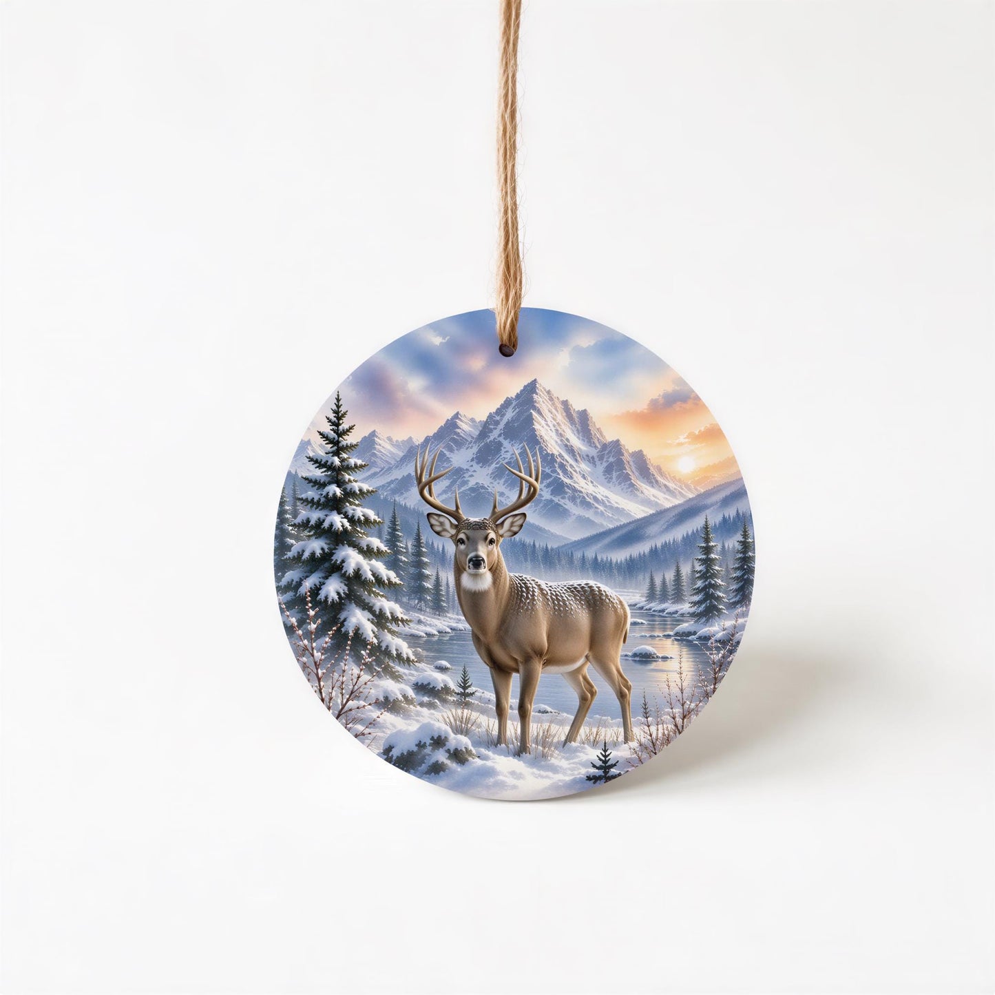 Whitetail Deer Ornament, Watercolor Mountain River Scene, Ceramic, 3 Inch