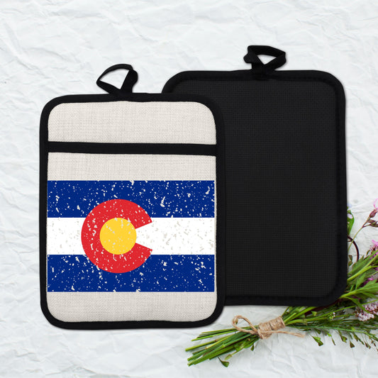 Colorado Pot Holder - Linen Front With Colorado Flag Decor | Silicone Trivet Back