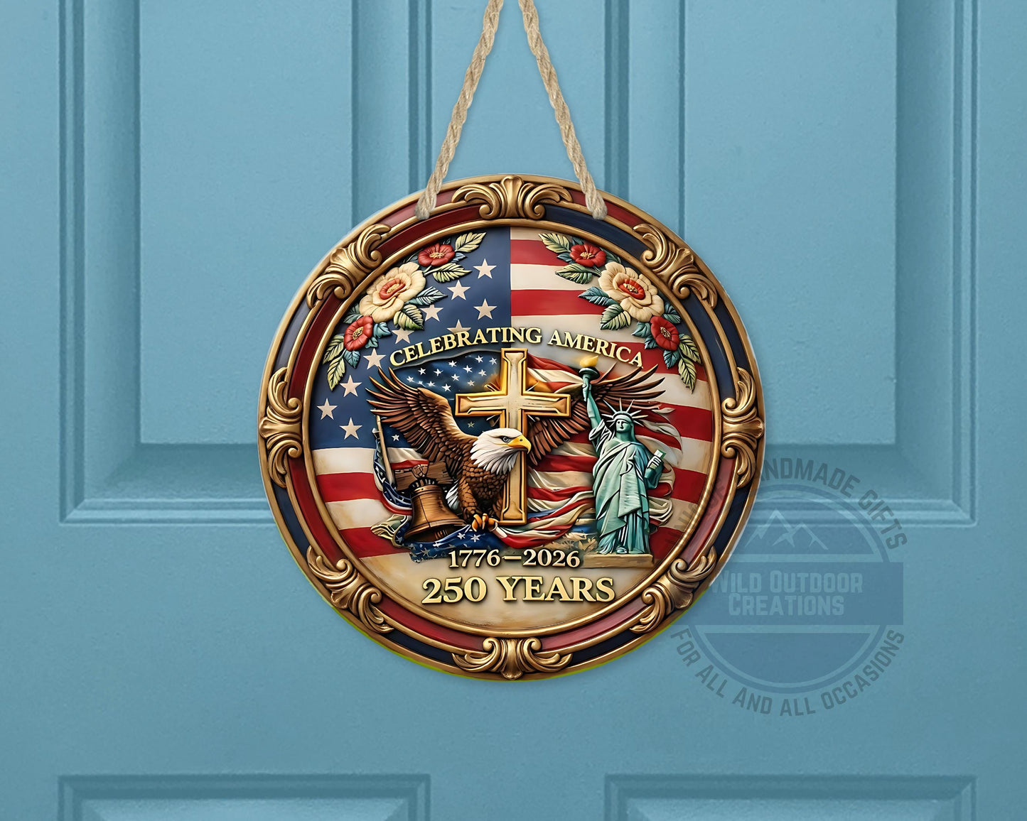 Patriotic Door Hanger - America 250 Decor | Eagle And Flag Aluminum Sign - product dimensions and specifications