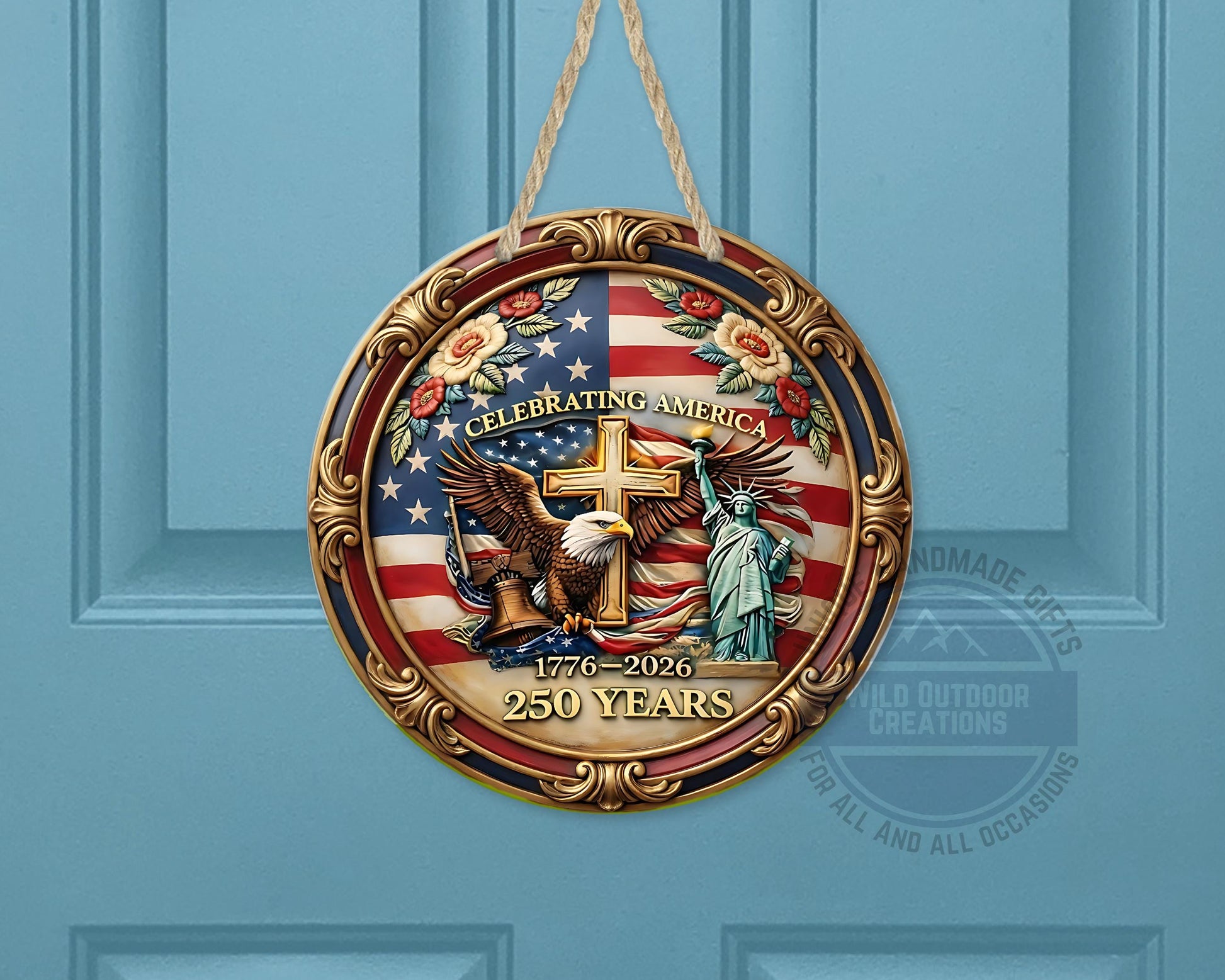 Patriotic Door Hanger - America 250 Decor | Eagle And Flag Aluminum Sign - product dimensions and specifications