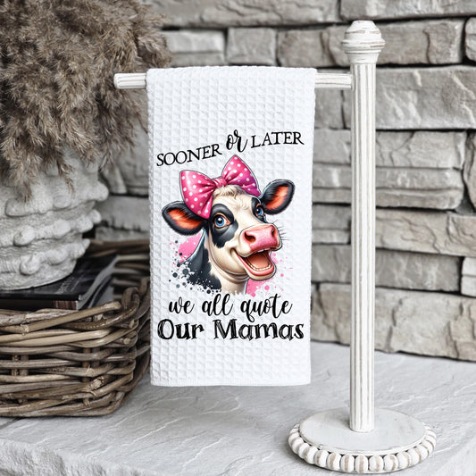 Witty Cow Head Kitchen Towel with Pink Bow  Fun Quote for Moms  Unique Gift for Daughters