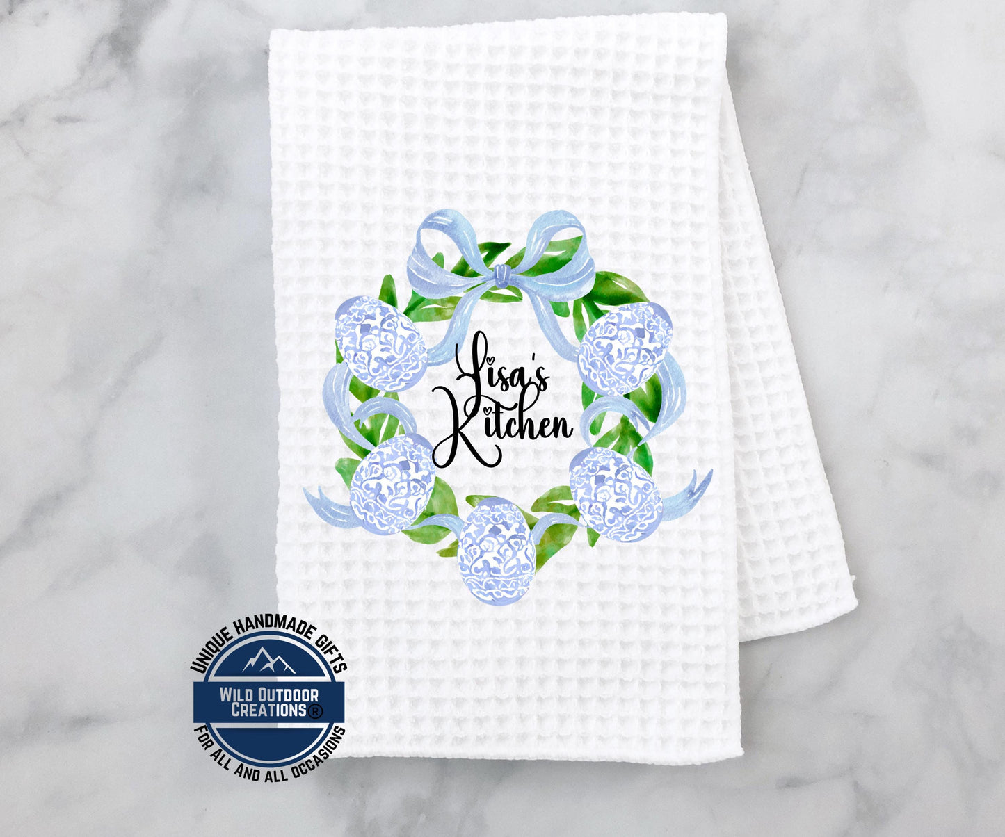 Personalized Easter Towel – Custom Name Kitchen Towel With Blue Chinoiserie Wreath - packaging and presentation