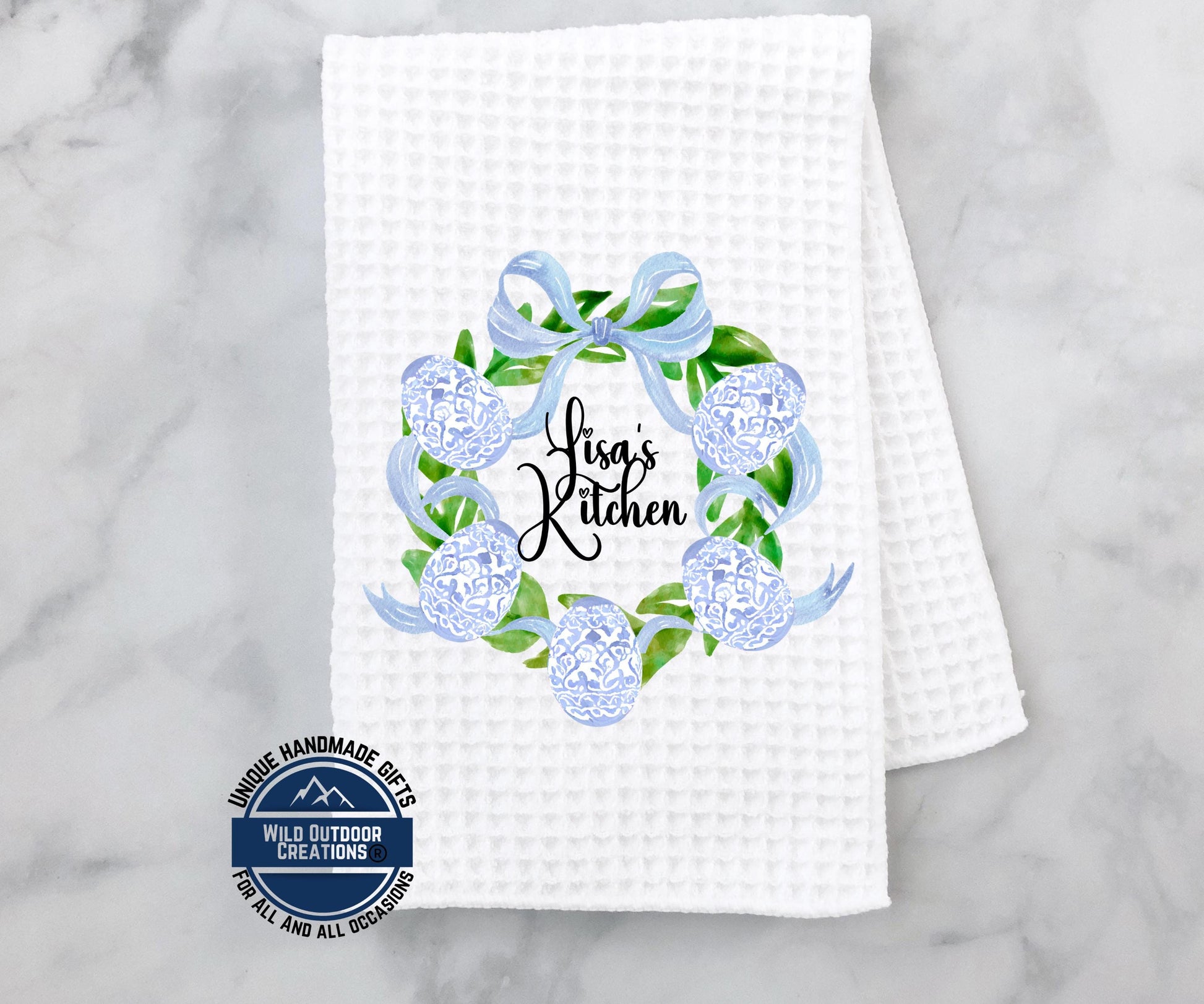 Personalized Easter Towel – Custom Name Kitchen Towel With Blue Chinoiserie Wreath - packaging and presentation